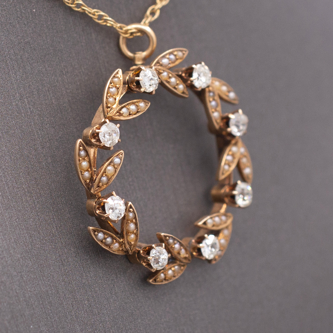 Sweet Antique Victorian Wreath Pendant with Seed Pearls and Old Mine Cut Diamonds in 14 Yellow Gold