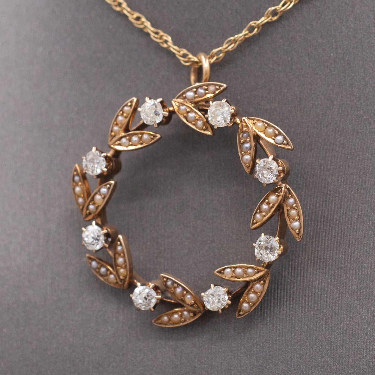 Sweet Antique Victorian Wreath Pendant with Seed Pearls and Old Mine Cut Diamonds in 14 Yellow Gold