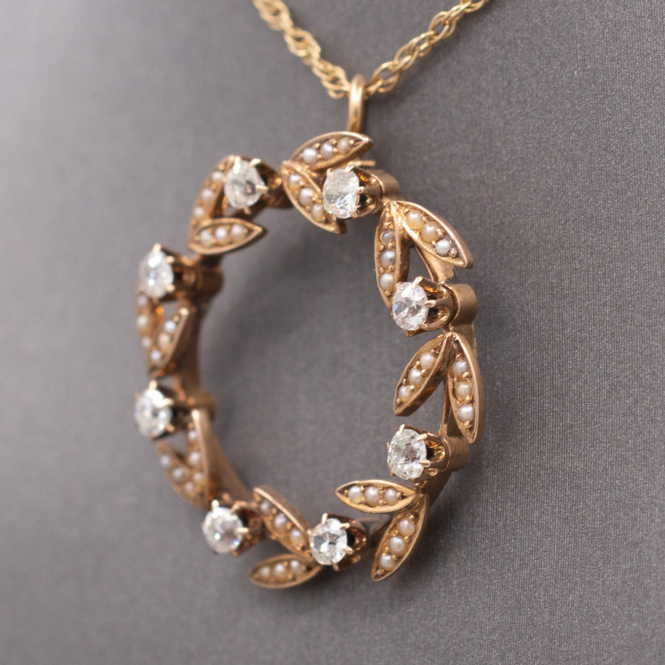 Sweet Antique Victorian Wreath Pendant with Seed Pearls and Old Mine Cut Diamonds in 14 Yellow Gold