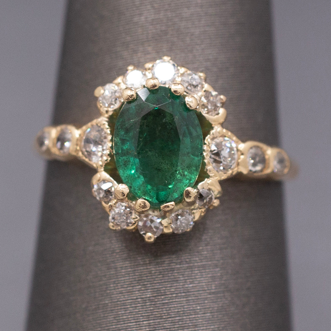 Dreamy Antique Victorian Emerald and Diamond Ring in 14k Yellow Gold
