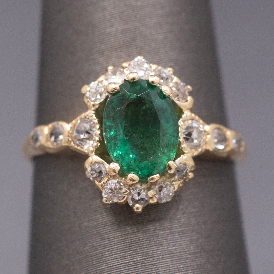 Dreamy Antique Victorian Emerald and Diamond Ring in 14k Yellow Gold