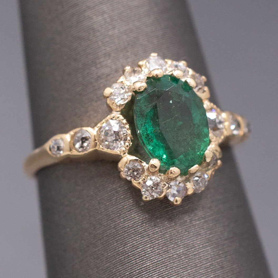 Dreamy Antique Victorian Emerald and Diamond Ring in 14k Yellow Gold