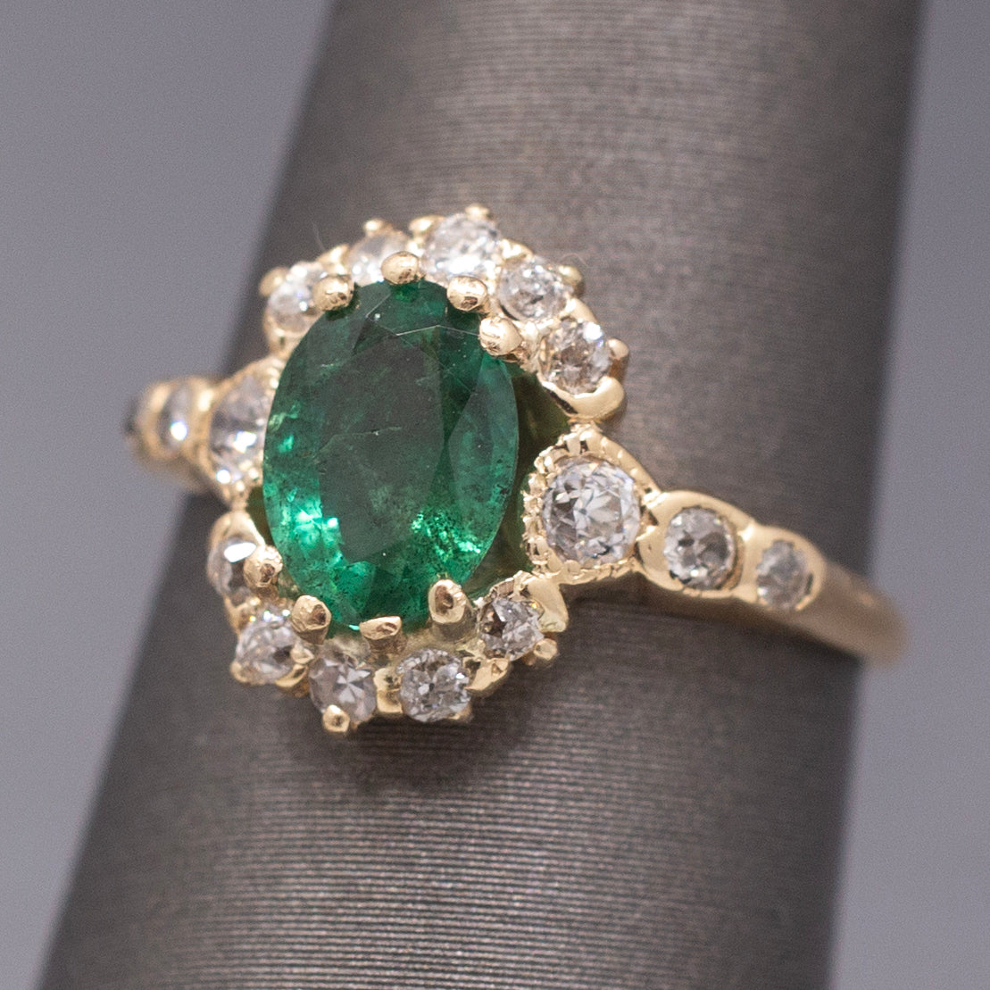 Dreamy Antique Victorian Emerald and Diamond Ring in 14k Yellow Gold