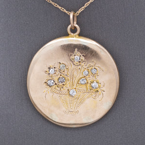 Antique Victorian Old Mine Cut Diamond Flower Basket Pendant Necklace in 14k Yellow Gold