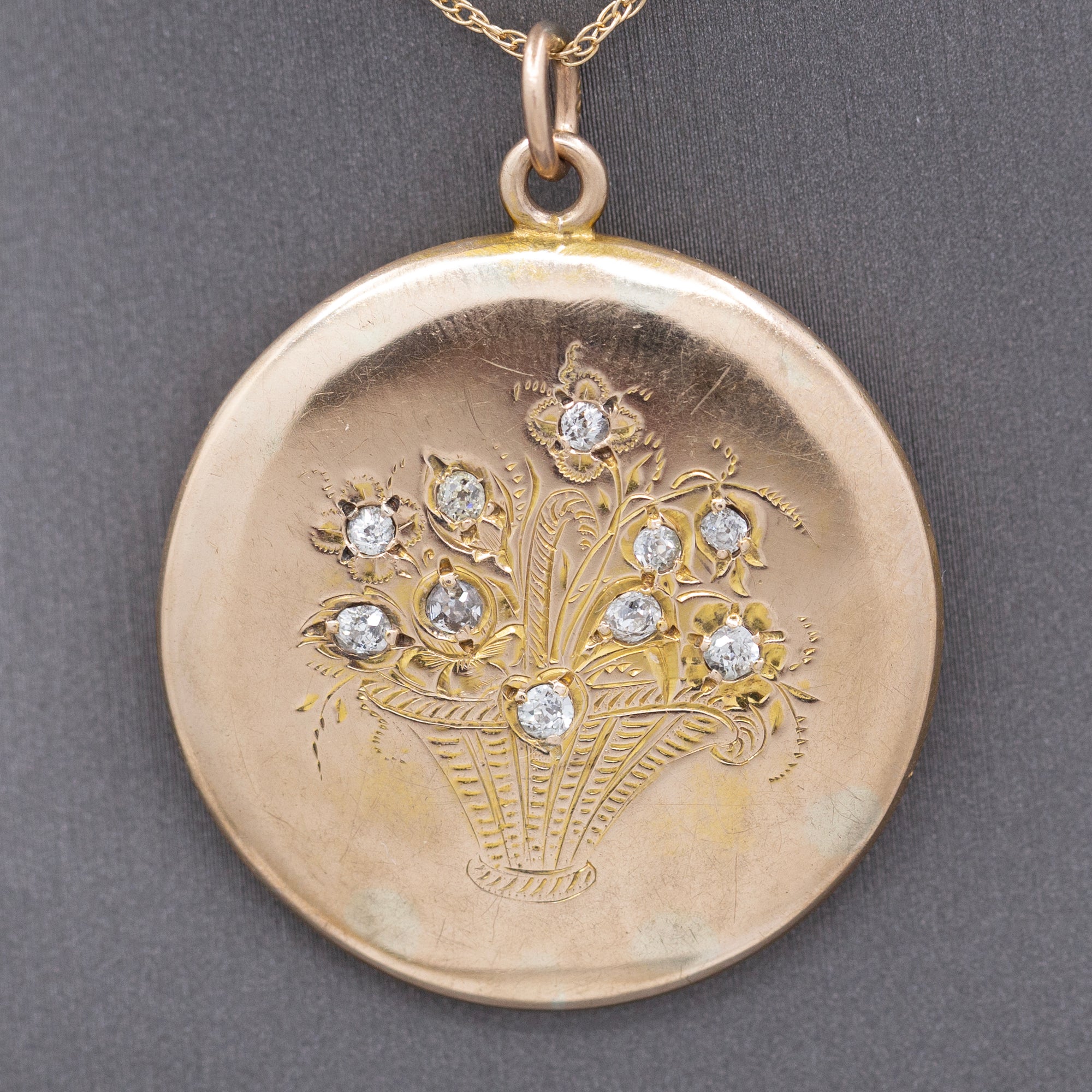 Antique Victorian Old Mine Cut Diamond Flower Basket Pendant Necklace in 14k Yellow Gold