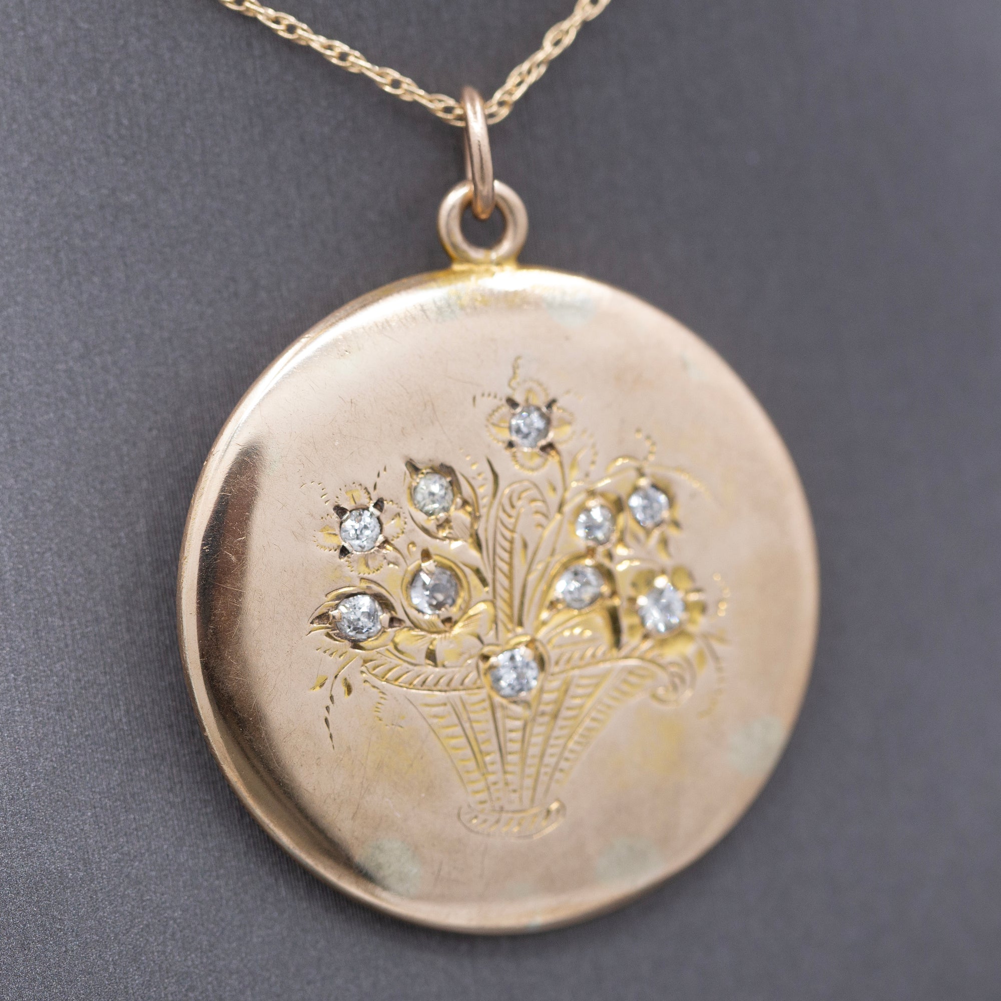 Antique Victorian Old Mine Cut Diamond Flower Basket Pendant Necklace in 14k Yellow Gold