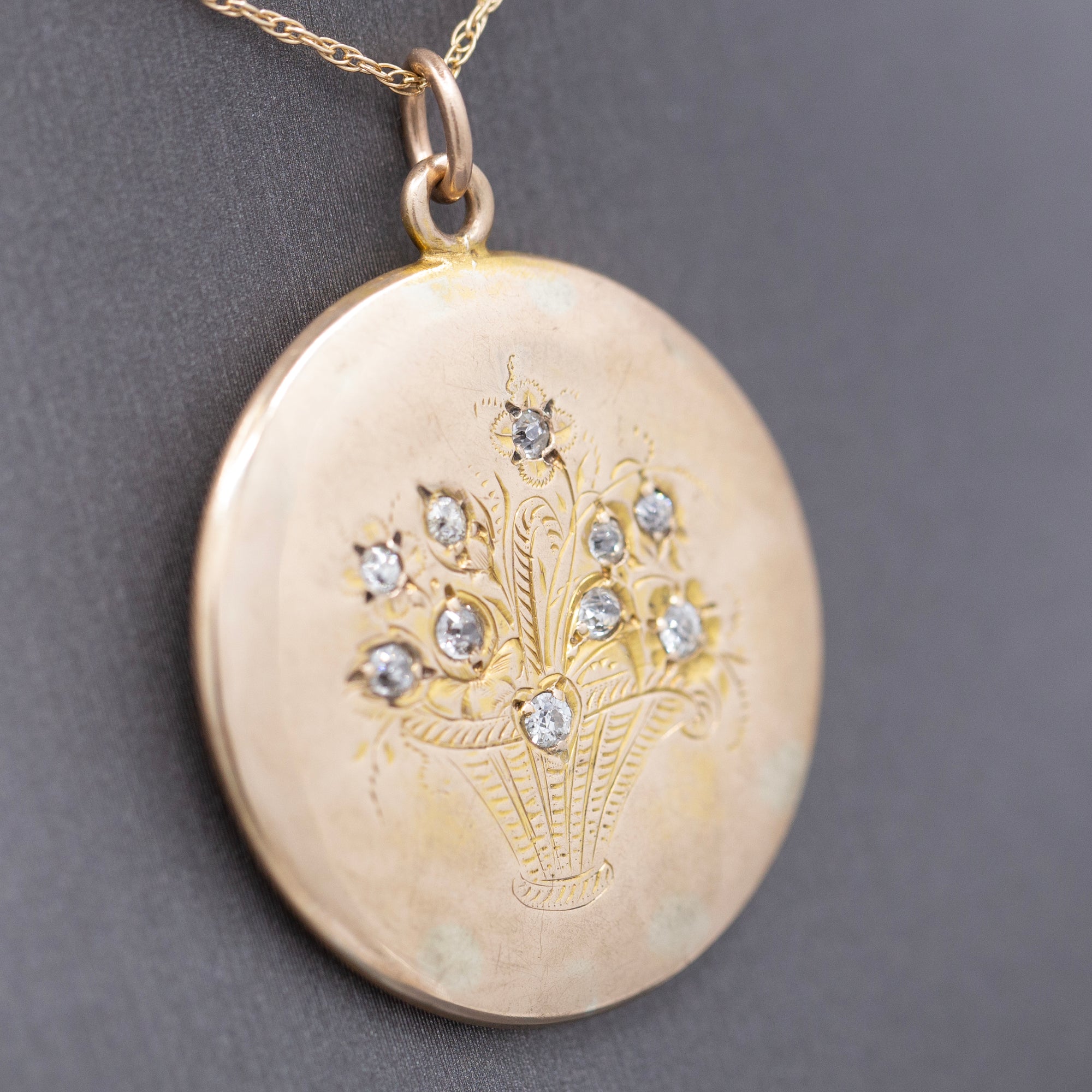 Antique Victorian Old Mine Cut Diamond Flower Basket Pendant Necklace in 14k Yellow Gold