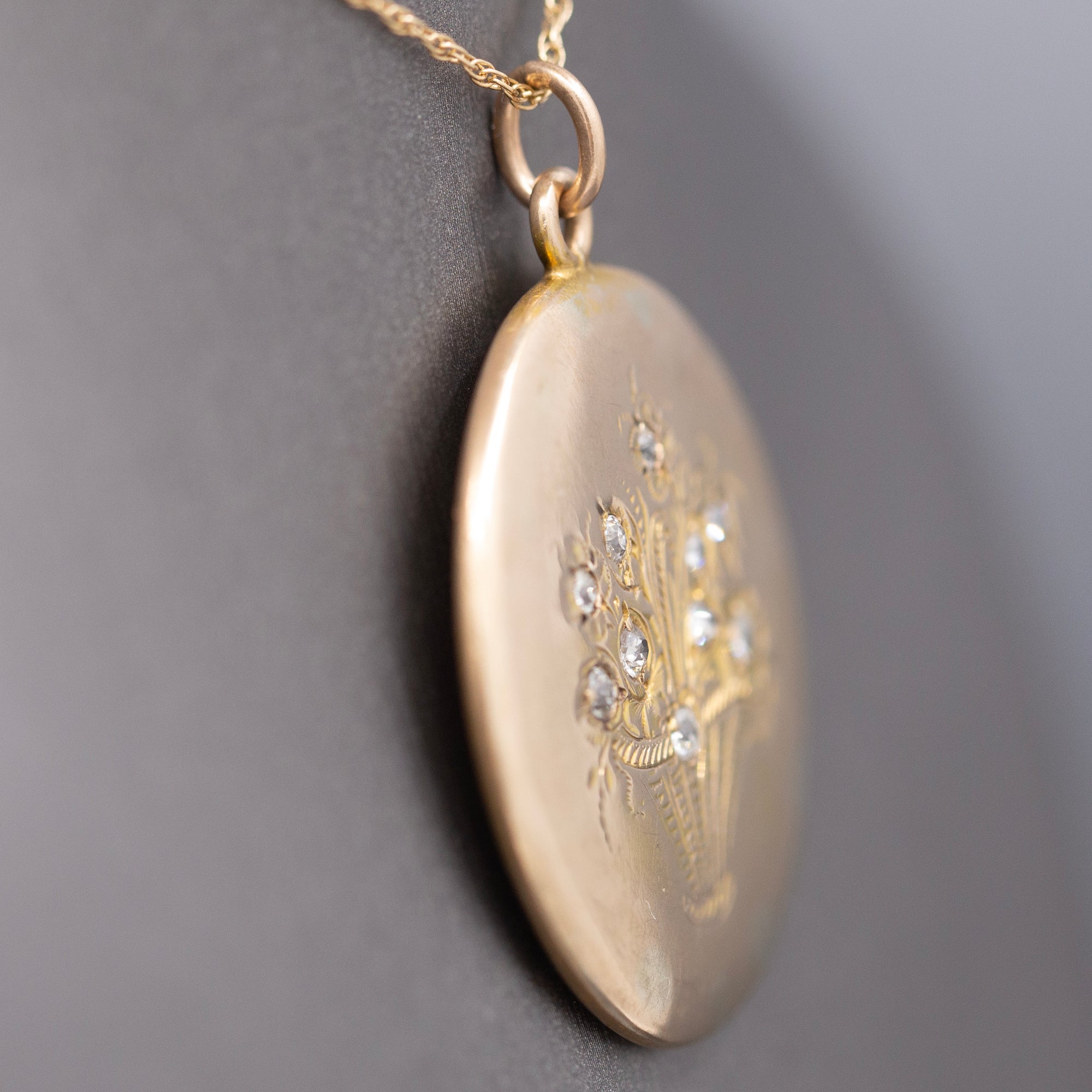 Antique Victorian Old Mine Cut Diamond Flower Basket Pendant Necklace in 14k Yellow Gold