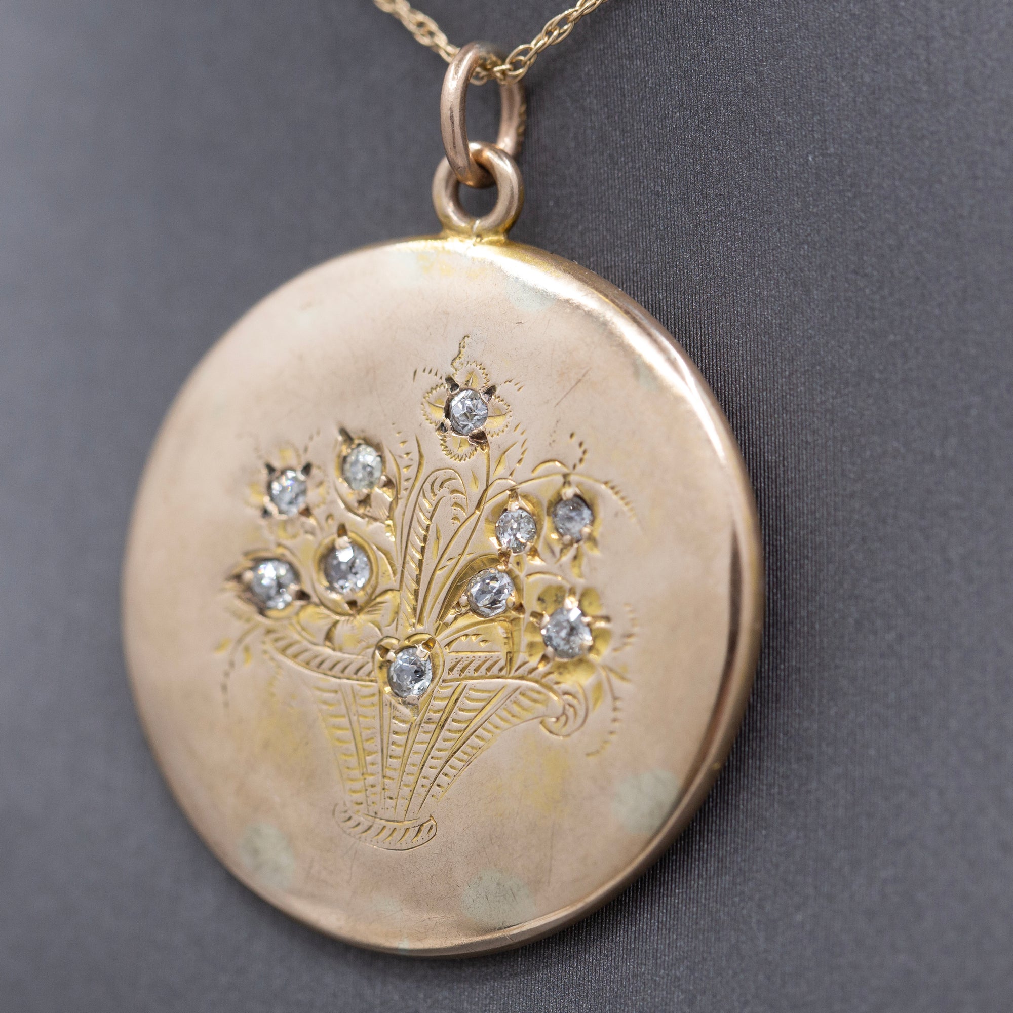 Antique Victorian Old Mine Cut Diamond Flower Basket Pendant Necklace in 14k Yellow Gold