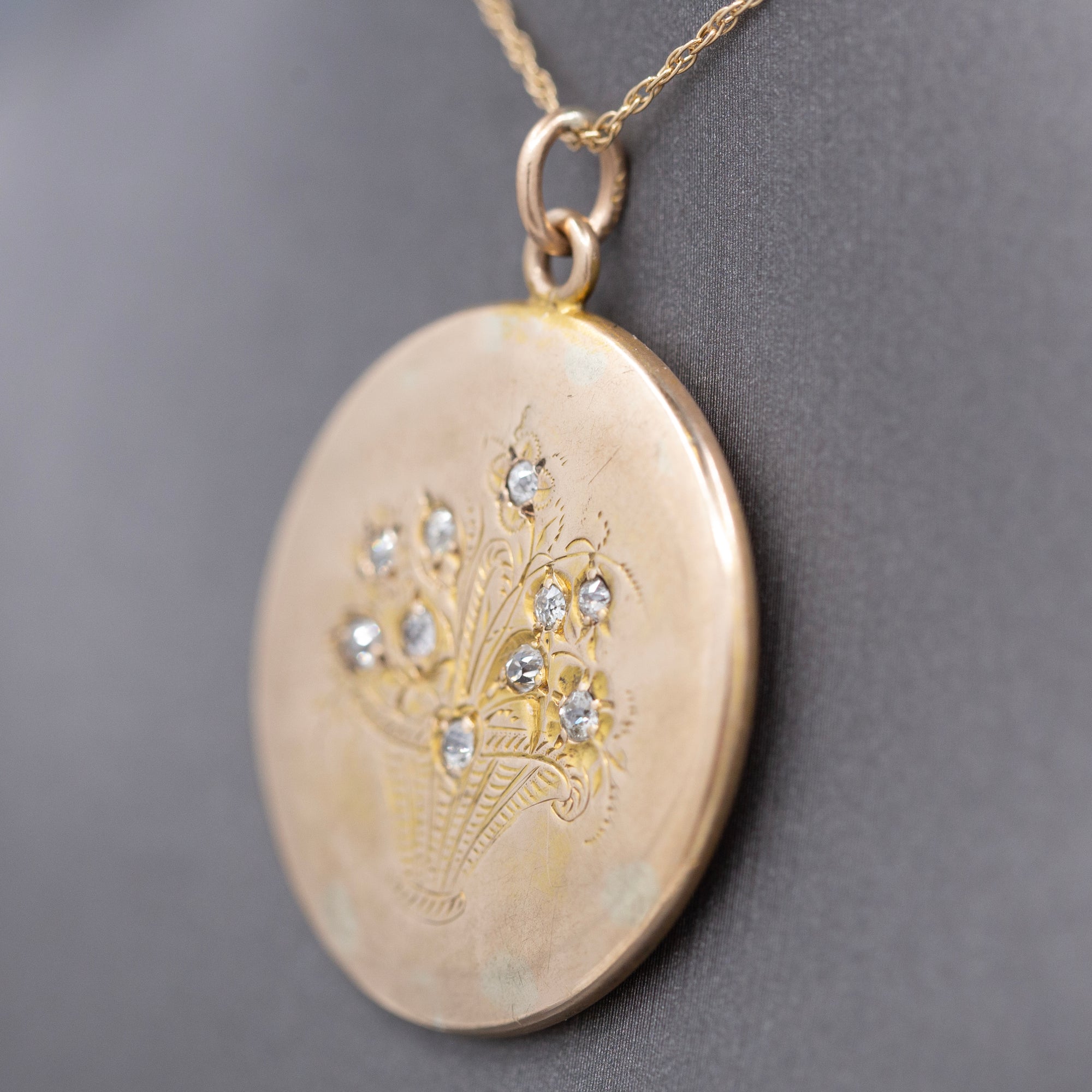 Antique Victorian Old Mine Cut Diamond Flower Basket Pendant Necklace in 14k Yellow Gold