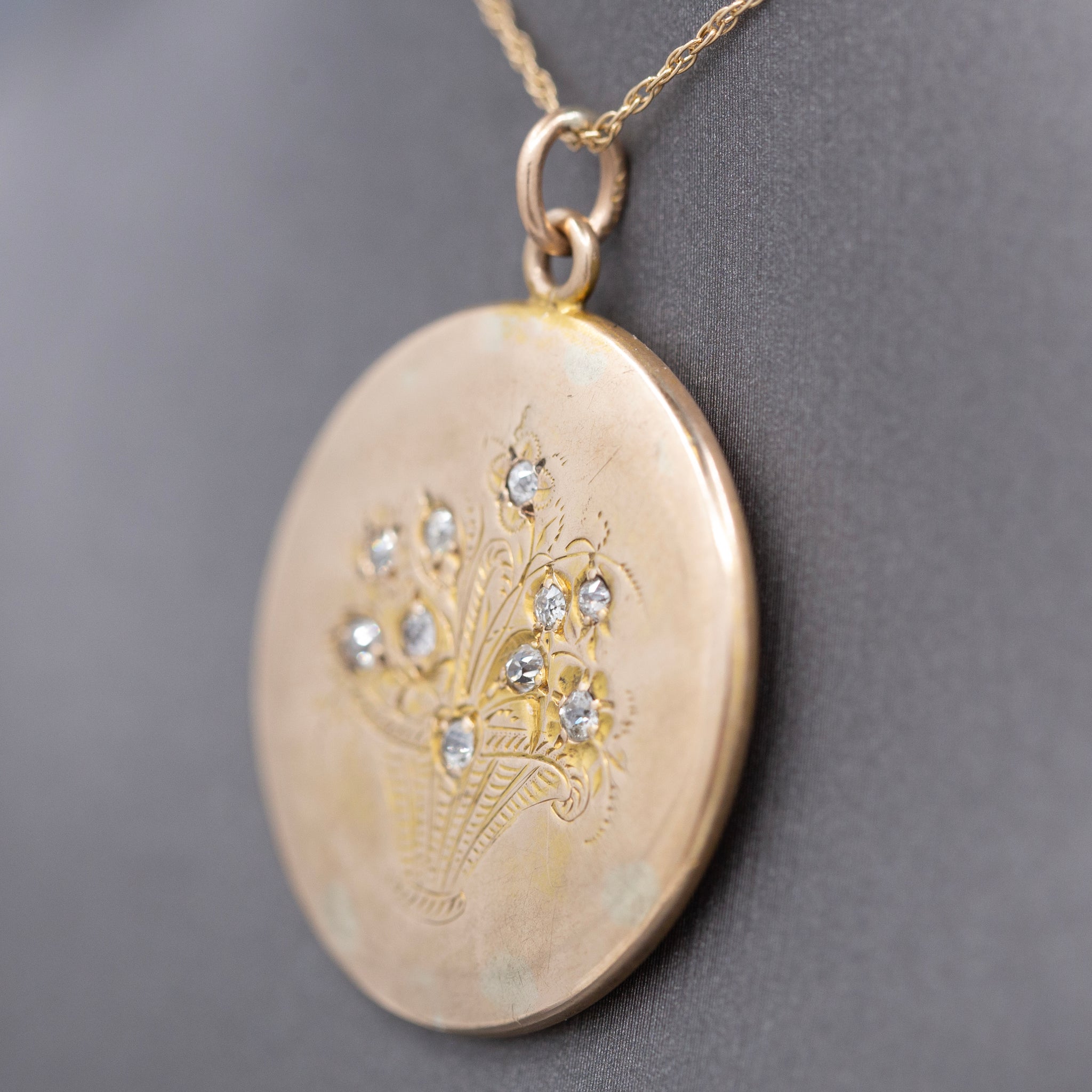 Antique Victorian Old Mine Cut Diamond Flower Basket Pendant Necklace in 14k Yellow Gold