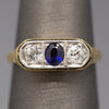 Antique Edwardian Blue Sapphire and Old European Cut Diamond Three Stone Band Ring in 14k Yellow Gold