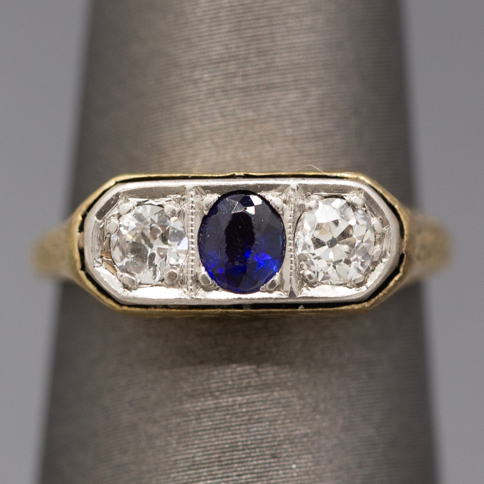 Antique Edwardian Blue Sapphire and Old European Cut Diamond Three Stone Band Ring in 14k Yellow Gold