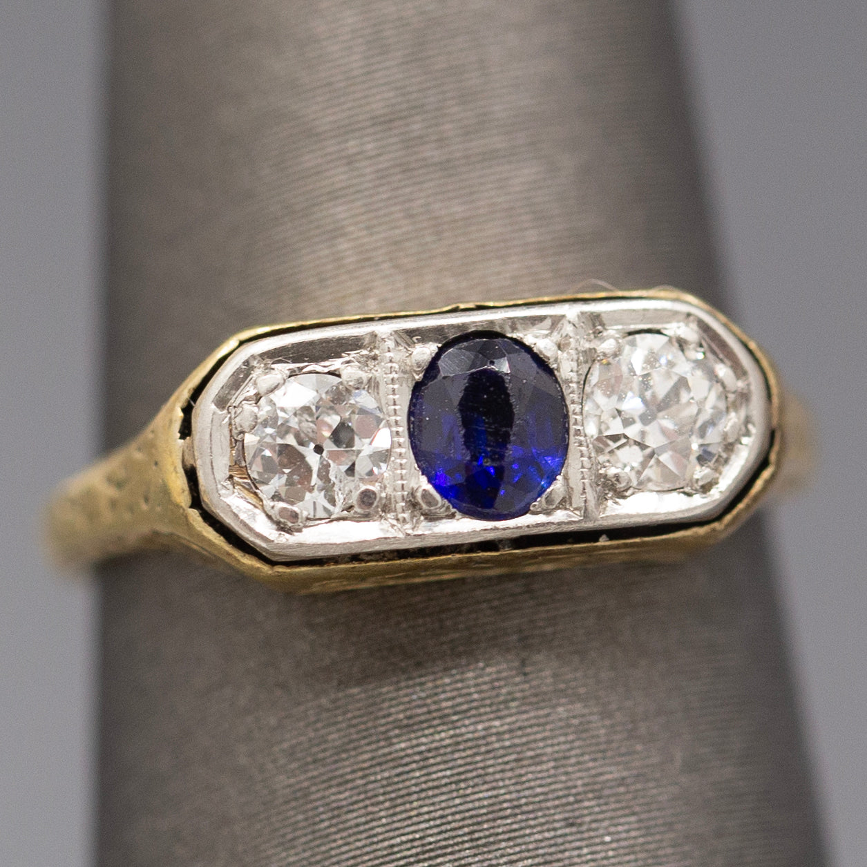 Antique Edwardian Blue Sapphire and Old European Cut Diamond Three Stone Band Ring in 14k Yellow Gold
