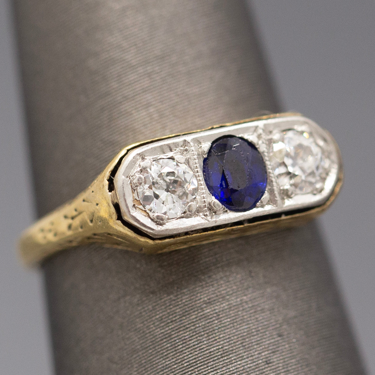 Antique Edwardian Blue Sapphire and Old European Cut Diamond Three Stone Band Ring in 14k Yellow Gold