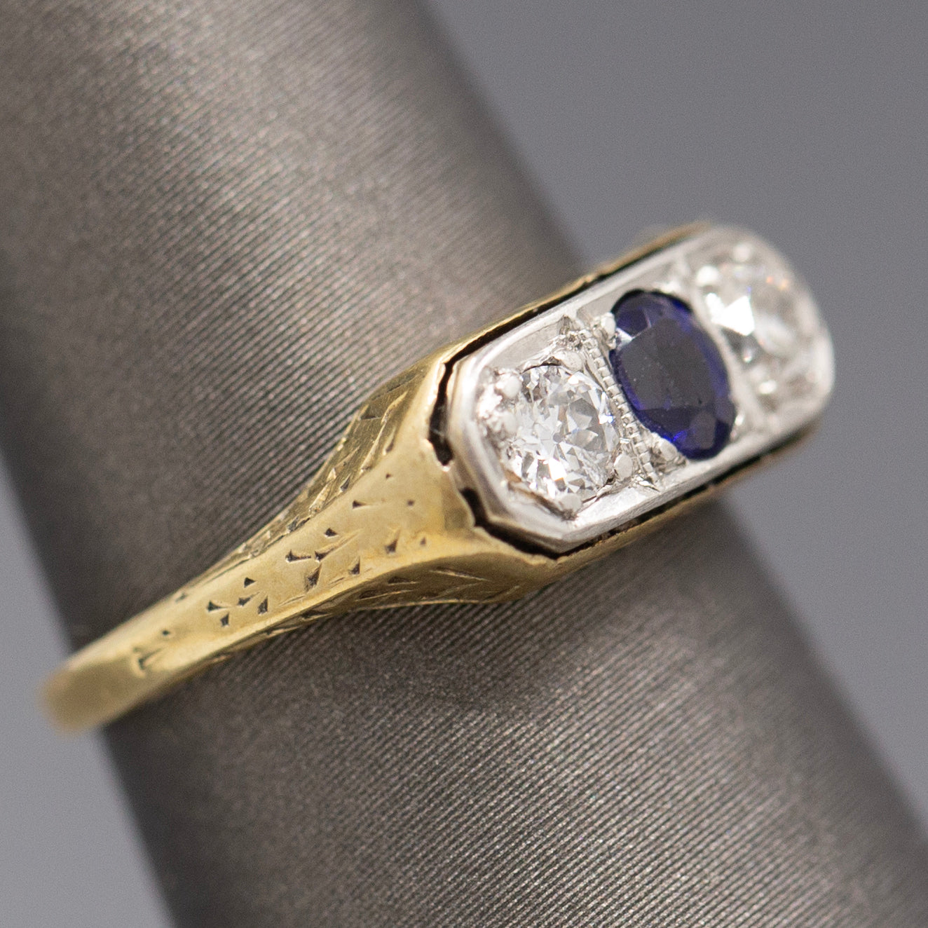Antique Edwardian Blue Sapphire and Old European Cut Diamond Three Stone Band Ring in 14k Yellow Gold