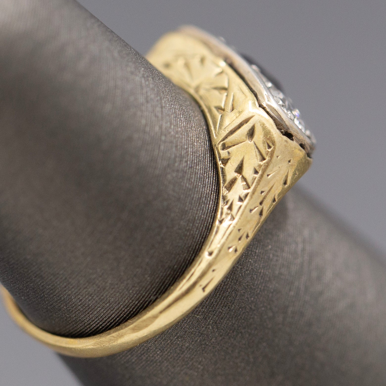 Antique Edwardian Blue Sapphire and Old European Cut Diamond Three Stone Band Ring in 14k Yellow Gold