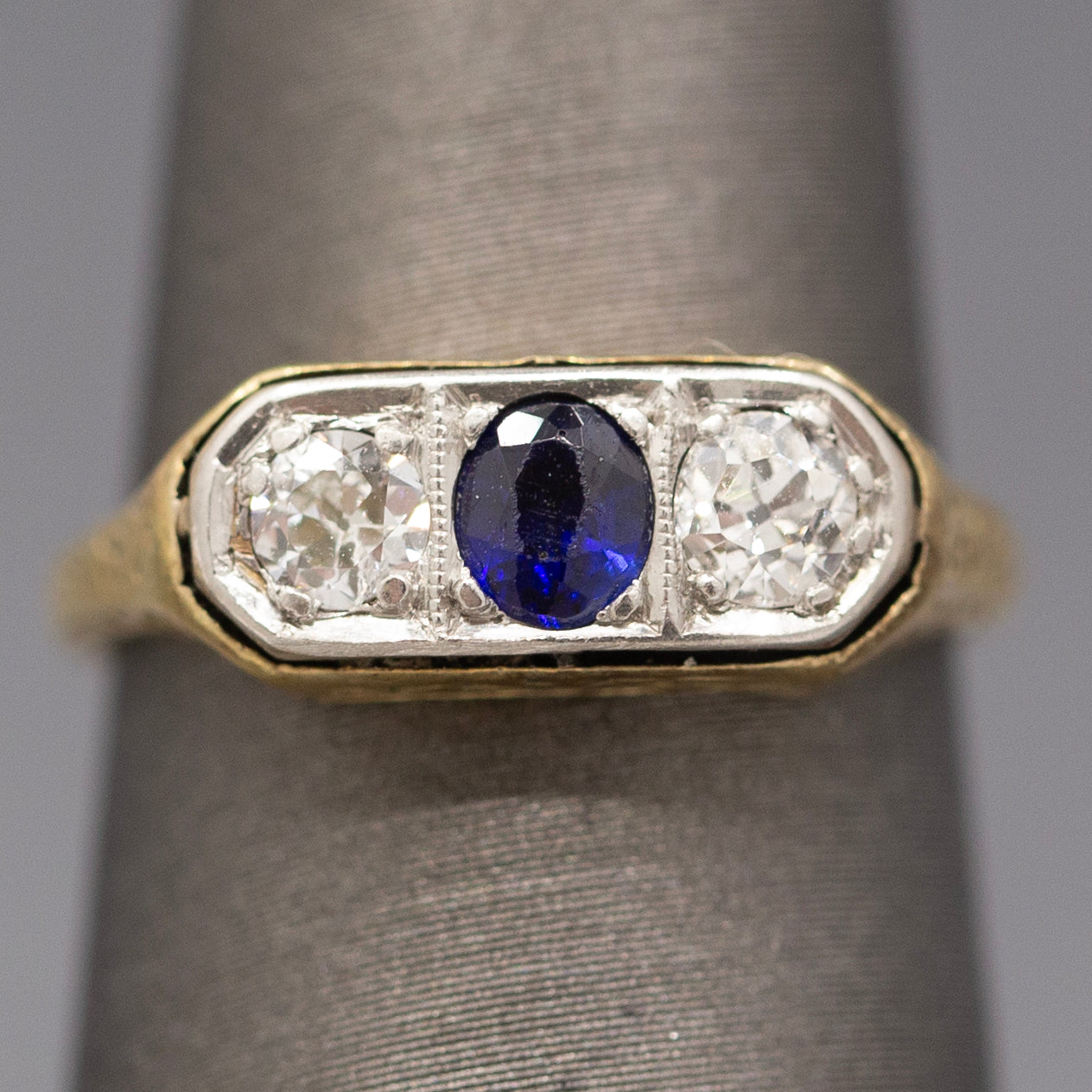 Antique Edwardian Blue Sapphire and Old European Cut Diamond Three Stone Band Ring in 14k Yellow Gold