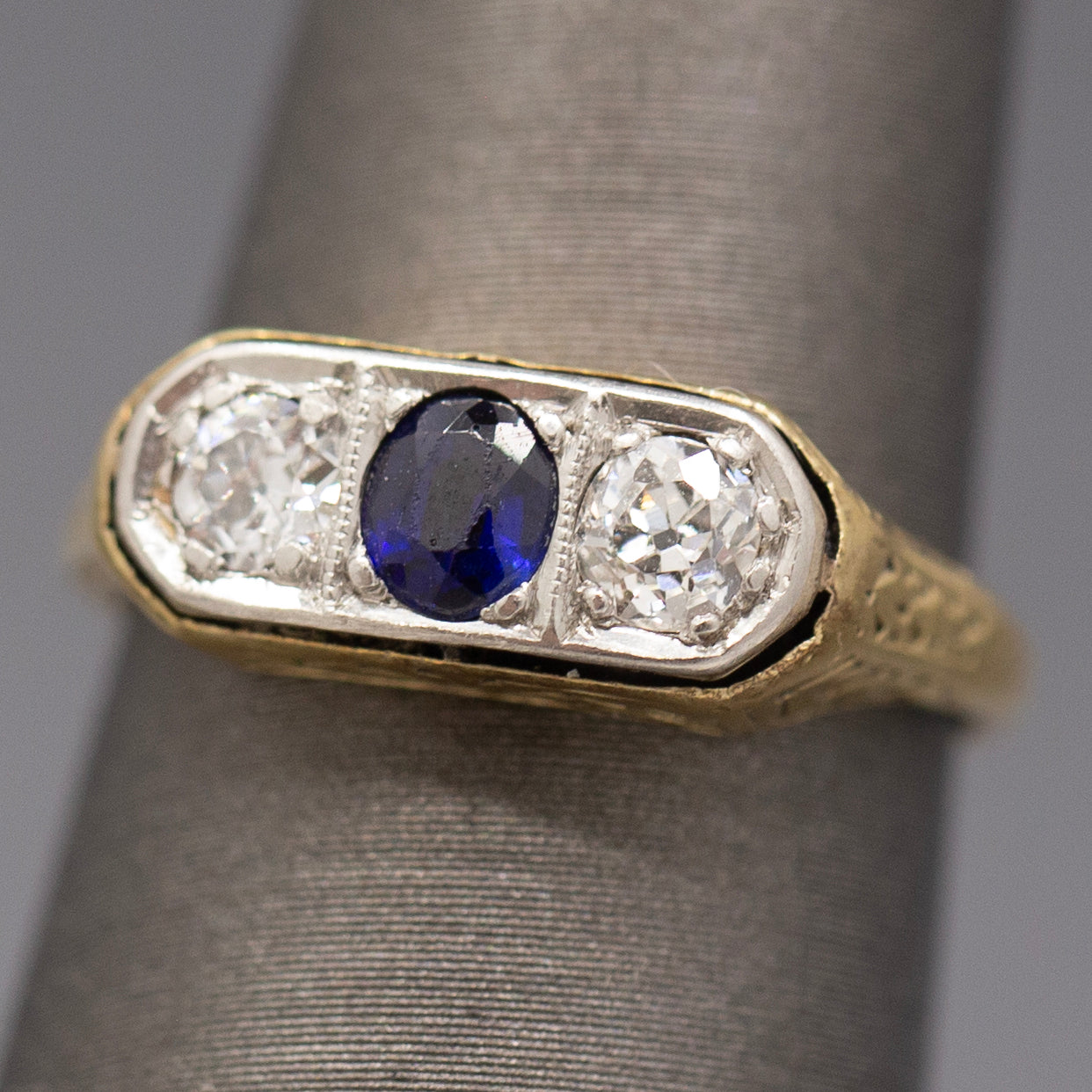 Antique Edwardian Blue Sapphire and Old European Cut Diamond Three Stone Band Ring in 14k Yellow Gold