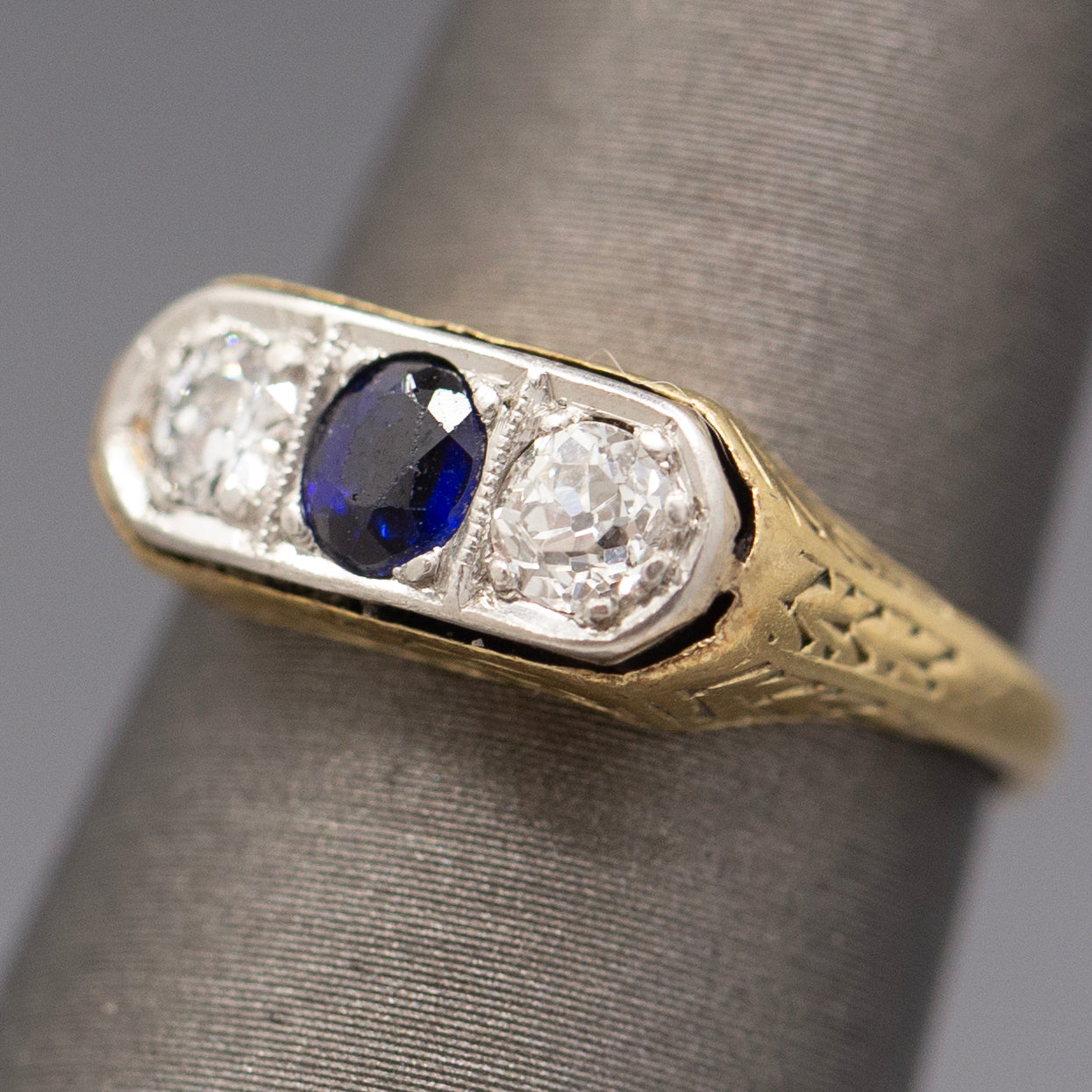 Antique Edwardian Blue Sapphire and Old European Cut Diamond Three Stone Band Ring in 14k Yellow Gold