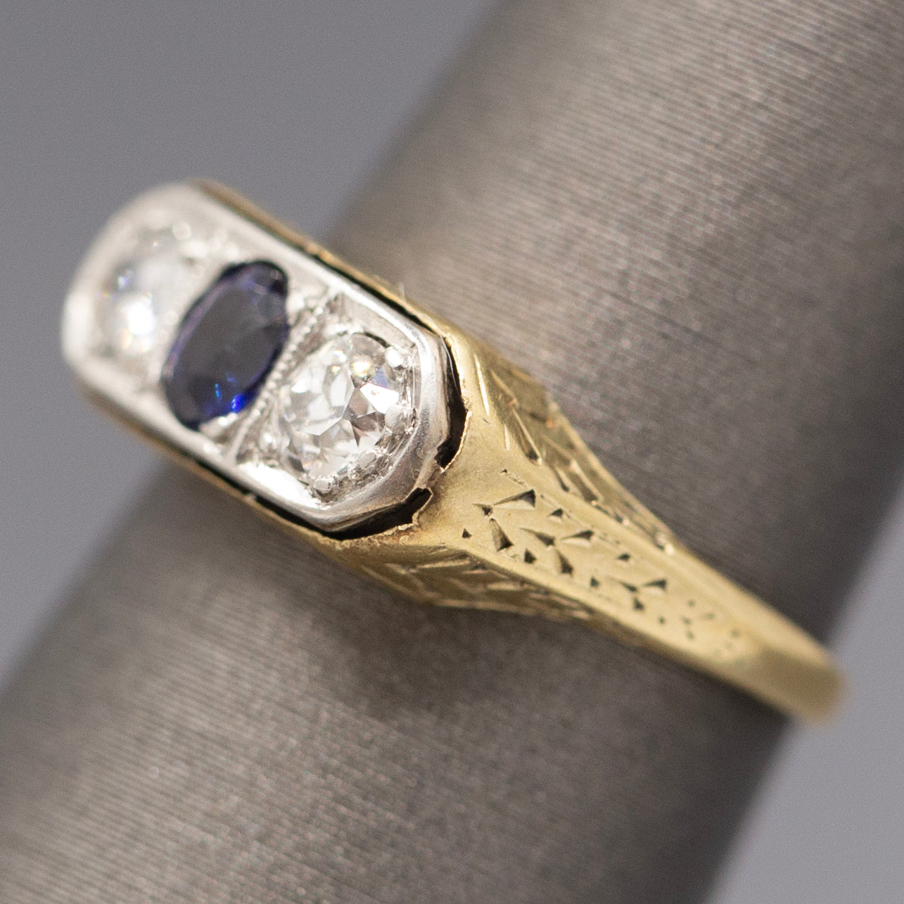 Antique Edwardian Blue Sapphire and Old European Cut Diamond Three Stone Band Ring in 14k Yellow Gold