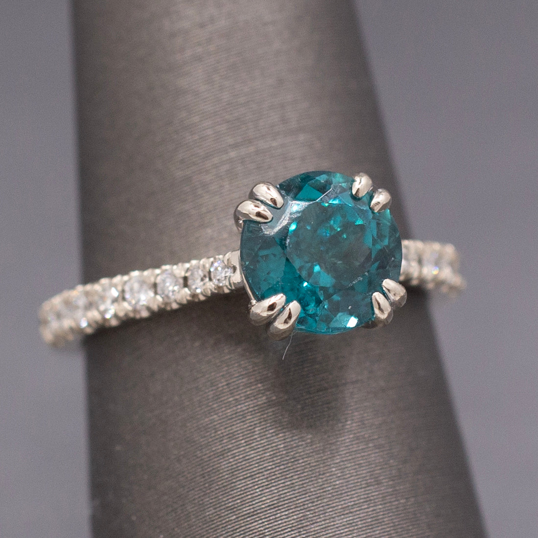 Stunning Natural Teal Blue Apatite and Diamond Ring in 14k White Gold
