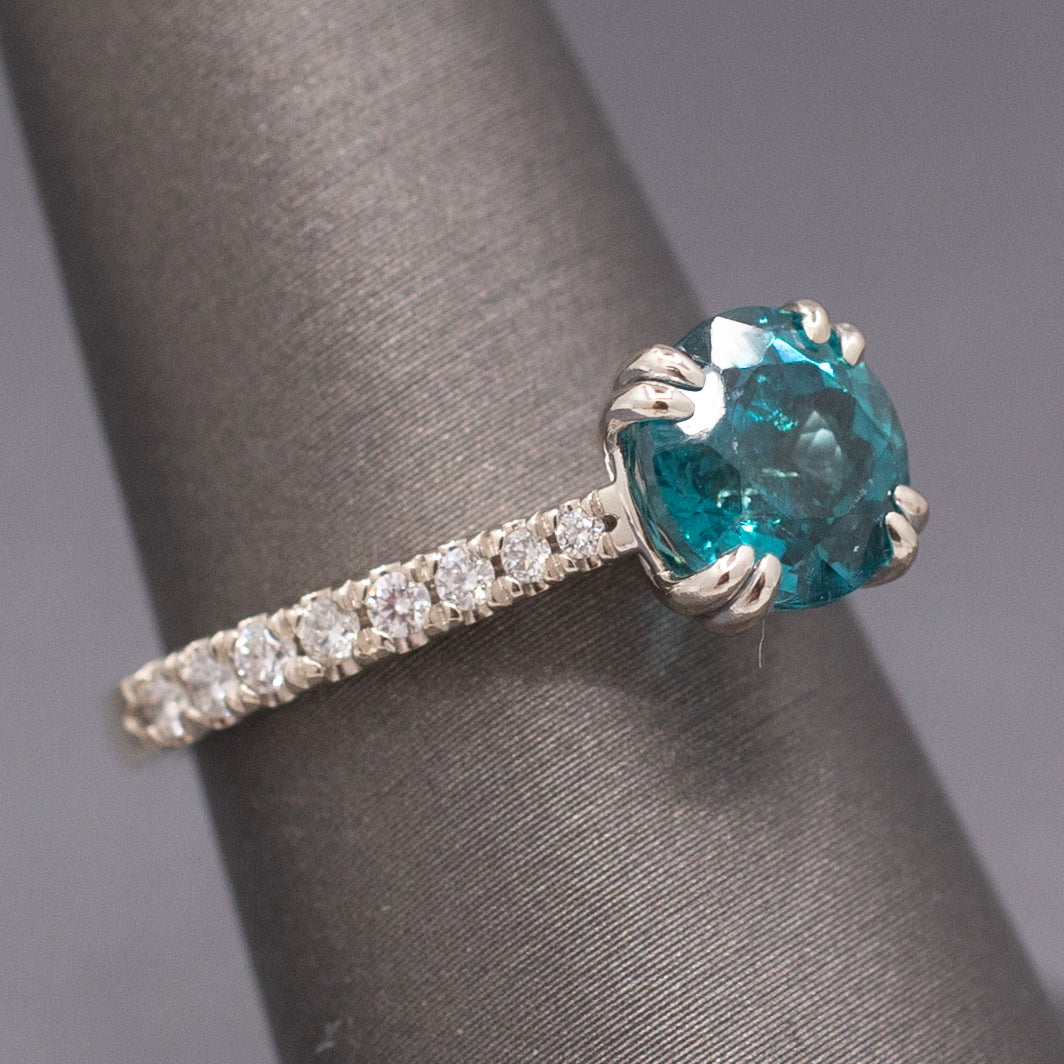Stunning Natural Teal Blue Apatite and Diamond Ring in 14k White Gold