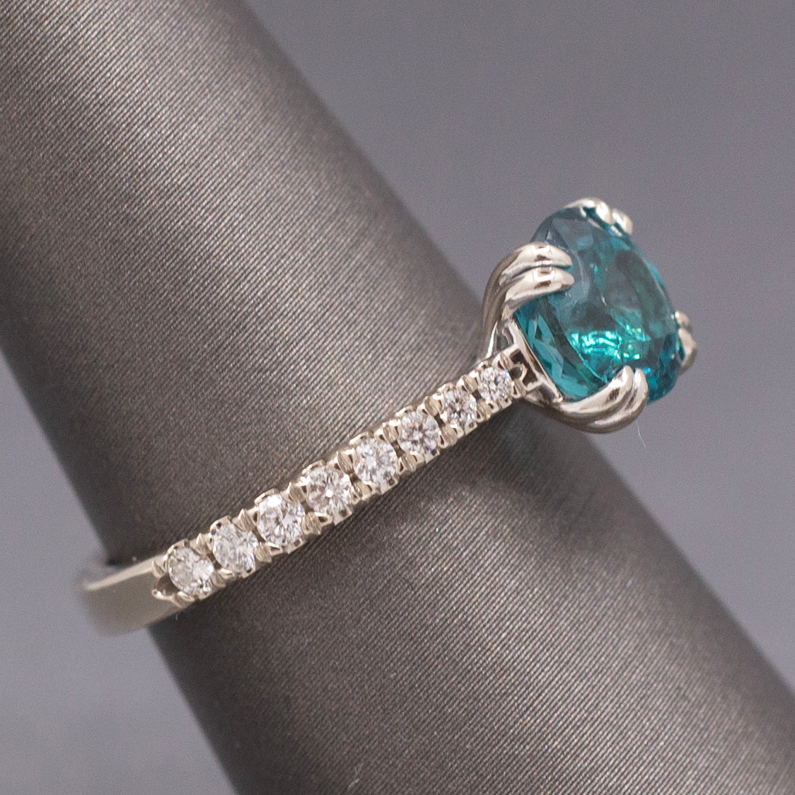 Stunning Natural Teal Blue Apatite and Diamond Ring in 14k White Gold
