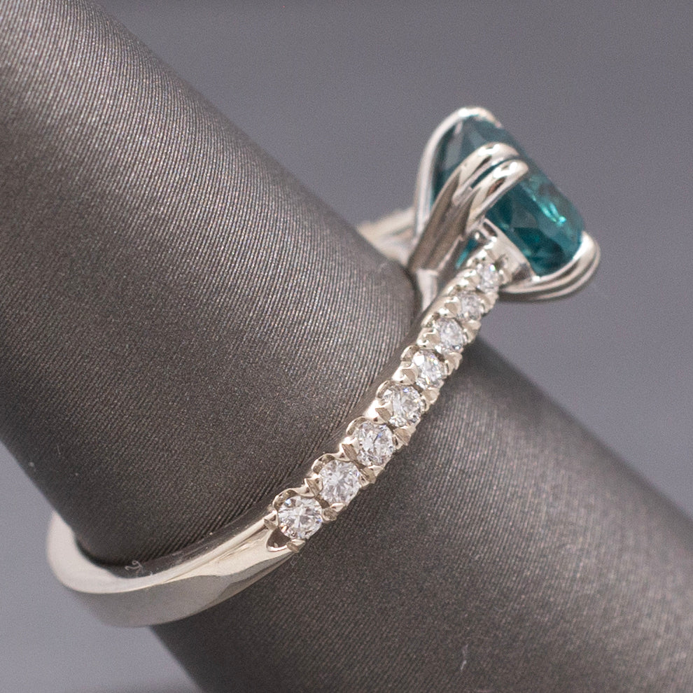 Stunning Natural Teal Blue Apatite and Diamond Ring in 14k White Gold