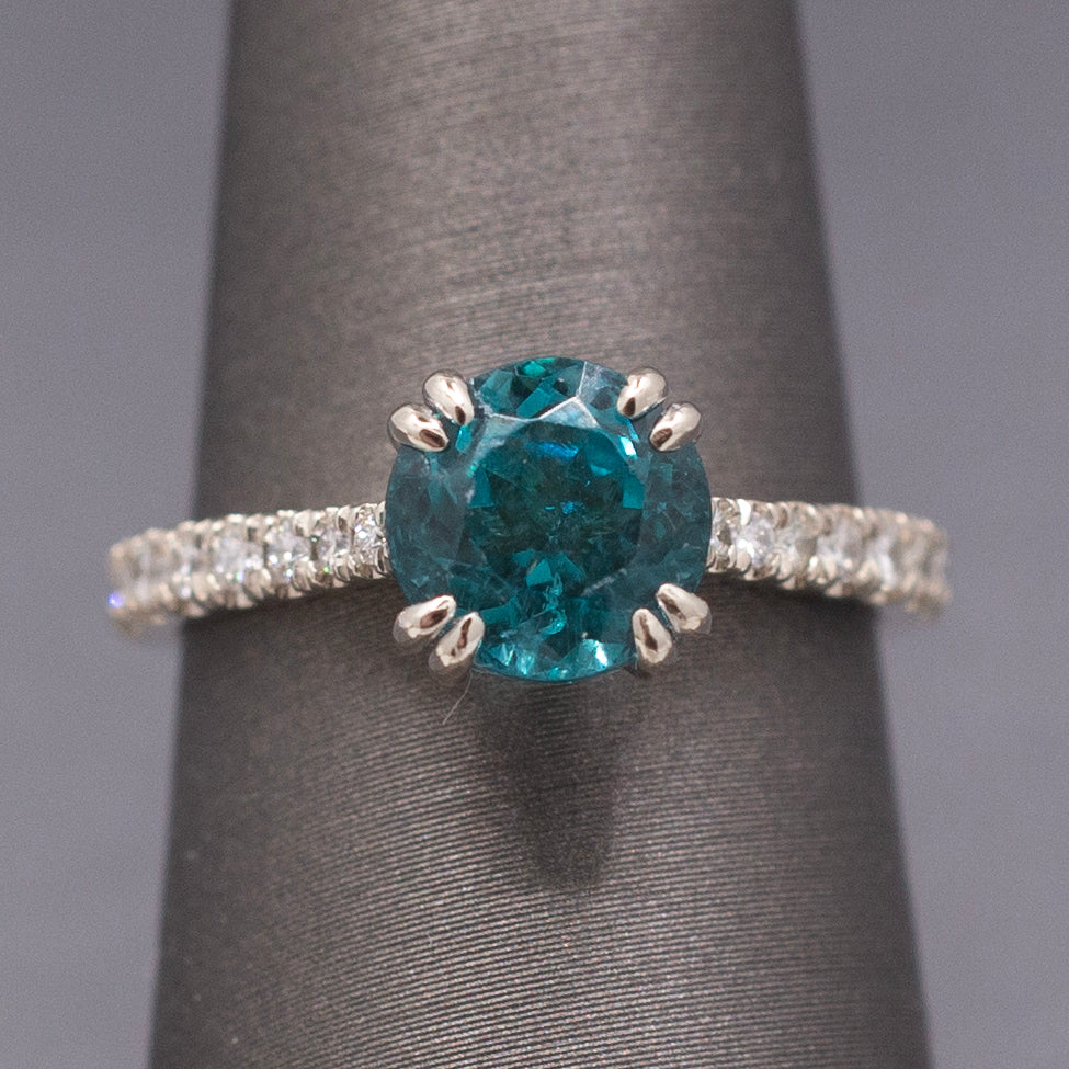 Stunning Natural Teal Blue Apatite and Diamond Ring in 14k White Gold