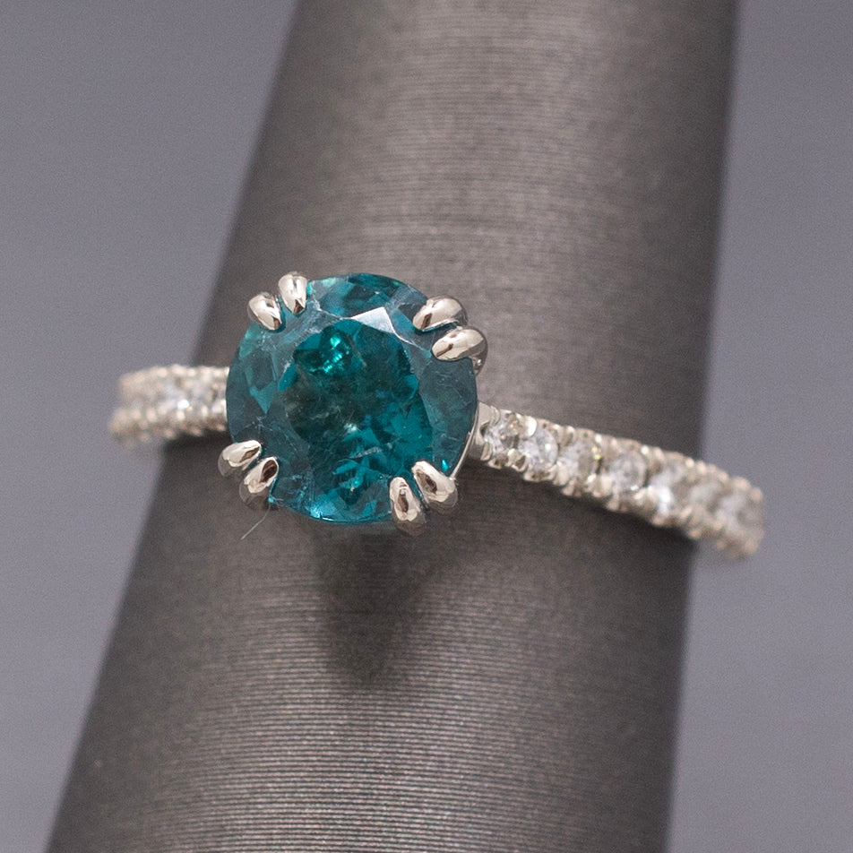 Stunning Natural Teal Blue Apatite and Diamond Ring in 14k White Gold