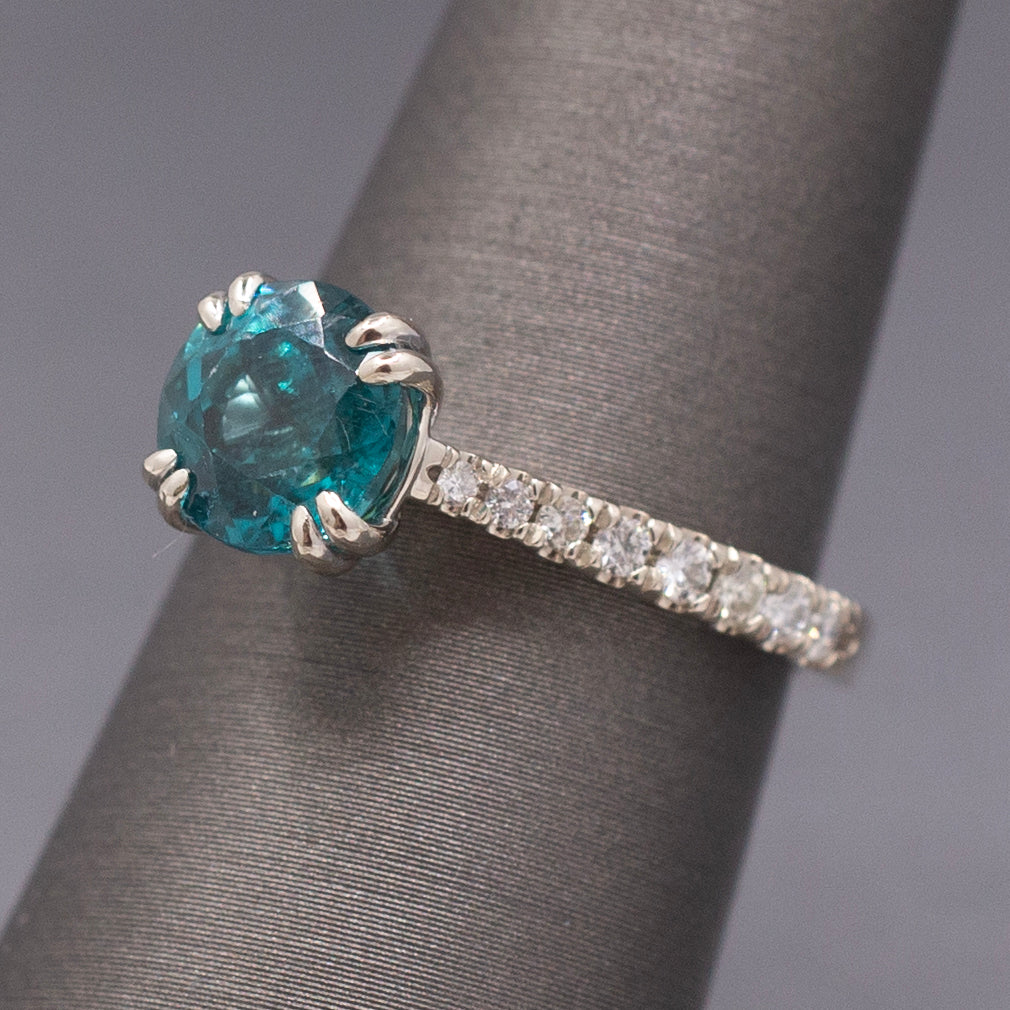Stunning Natural Teal Blue Apatite and Diamond Ring in 14k White Gold