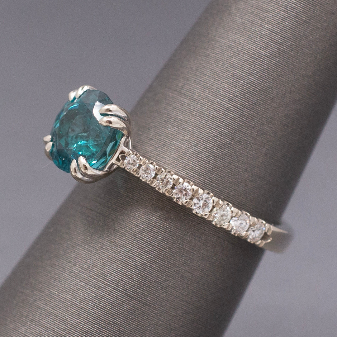 Stunning Natural Teal Blue Apatite and Diamond Ring in 14k White Gold