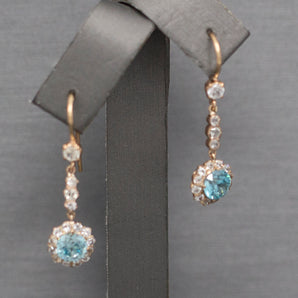 Sparkling Vintage Blue and White Zircon Dangle Earrings in 14k Rose Gold