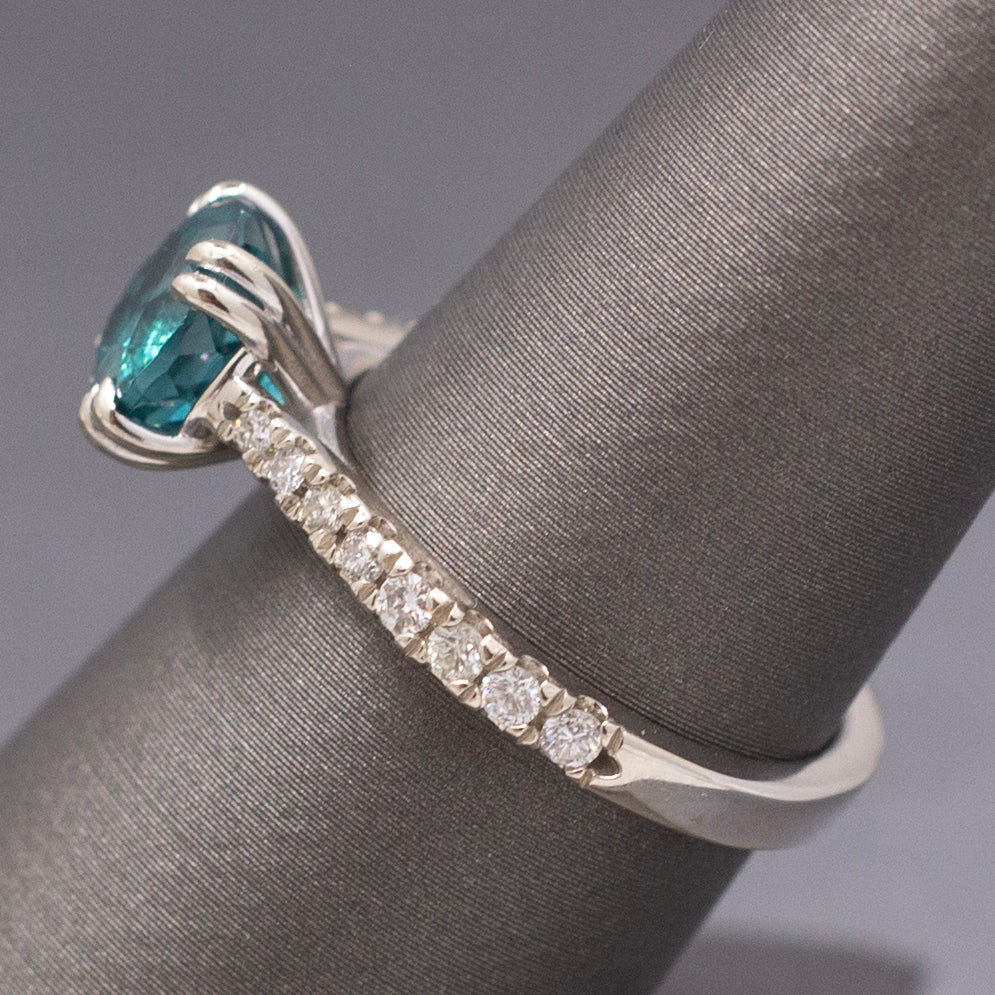 Stunning Natural Teal Blue Apatite and Diamond Ring in 14k White Gold