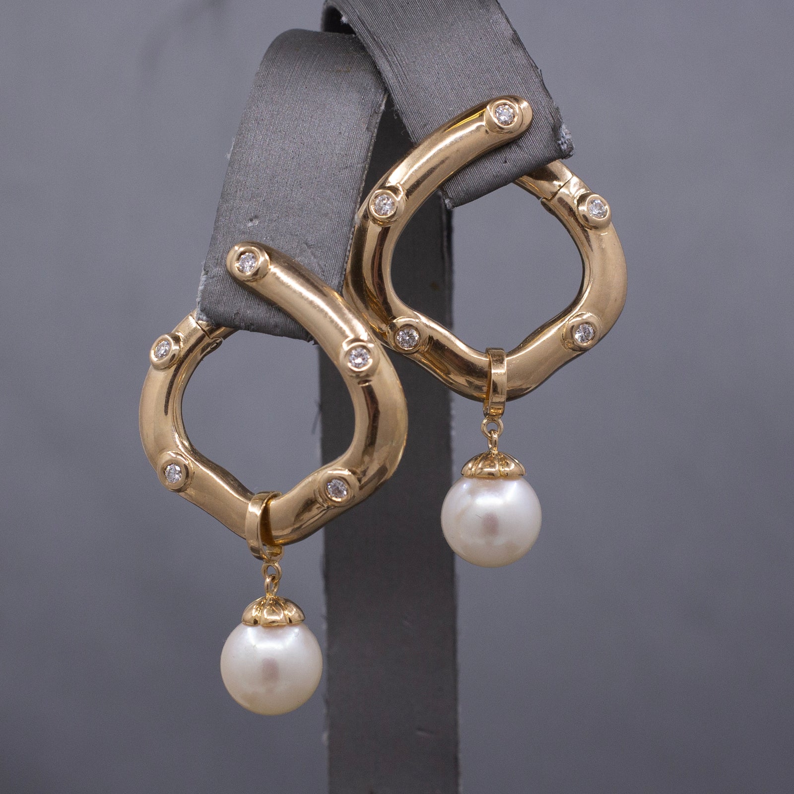 Gorgeous Bold Diamond Hoop Earrings with Pearl Dangles in 14k Yellow Gold
