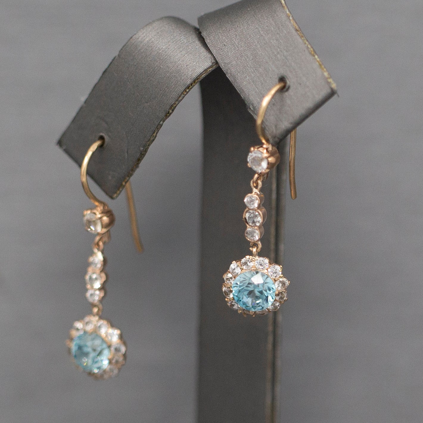 Sparkling Vintage Blue and White Zircon Dangle Earrings in 14k Rose Gold