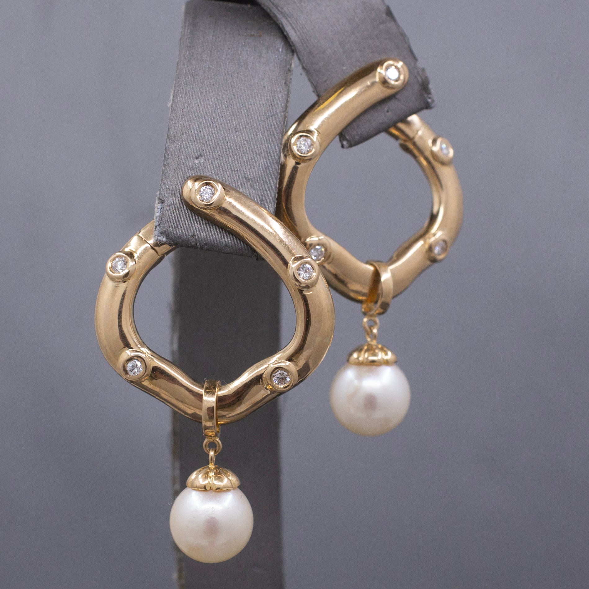 Gorgeous Bold Diamond Hoop Earrings with Pearl Dangles in 14k Yellow Gold