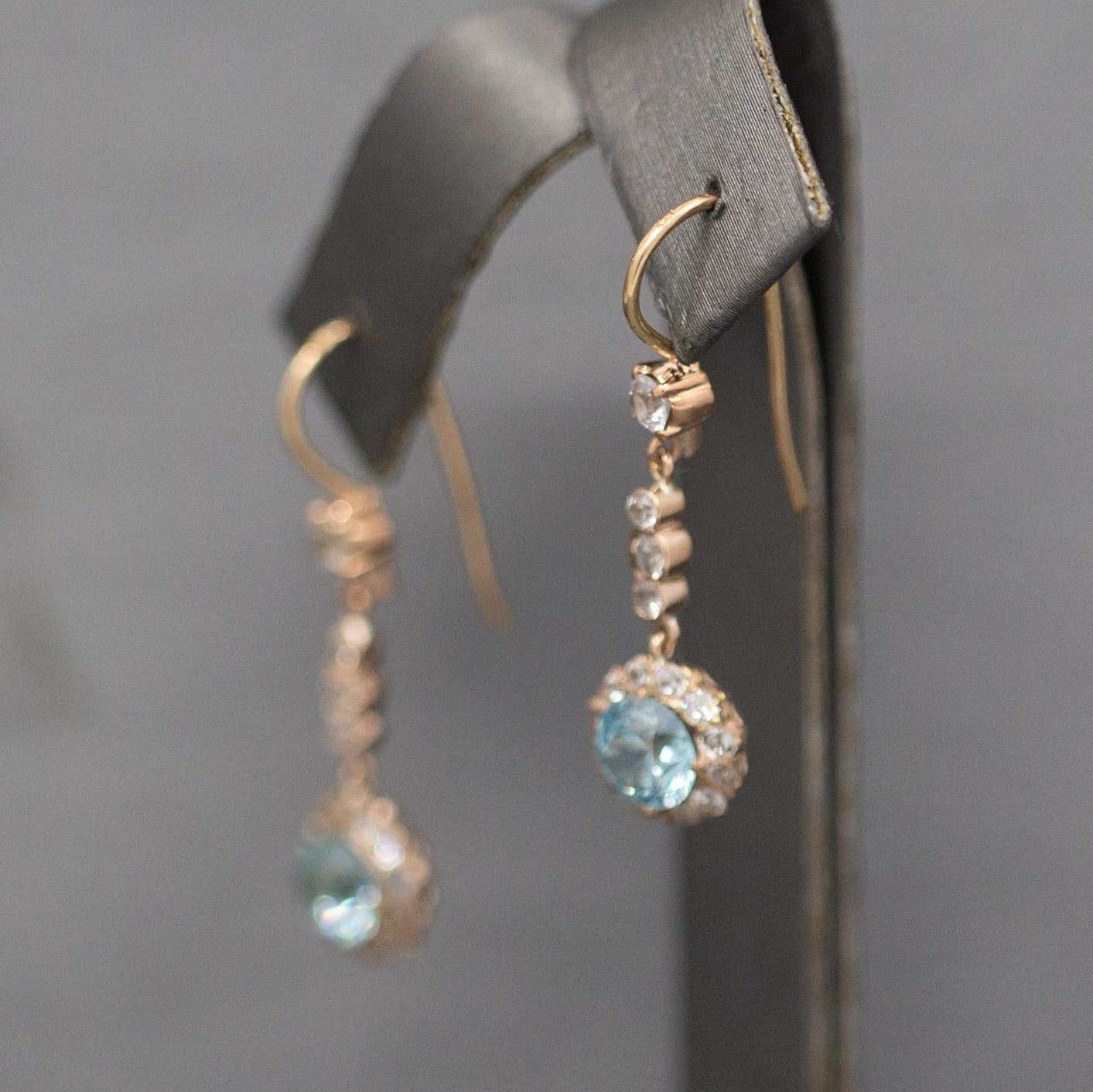 Sparkling Vintage Blue and White Zircon Dangle Earrings in 14k Rose Gold