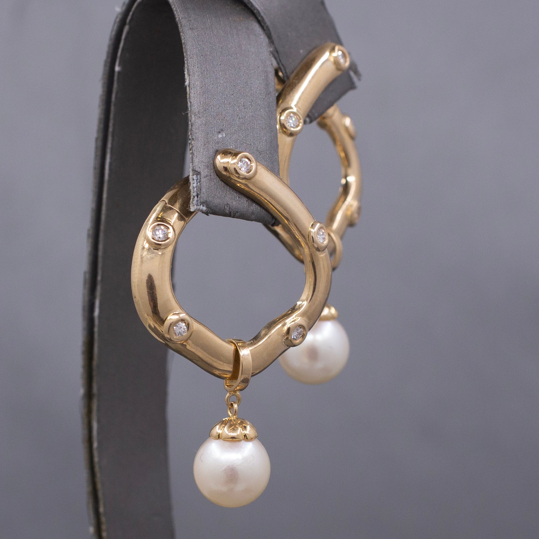 Gorgeous Bold Diamond Hoop Earrings with Pearl Dangles in 14k Yellow Gold