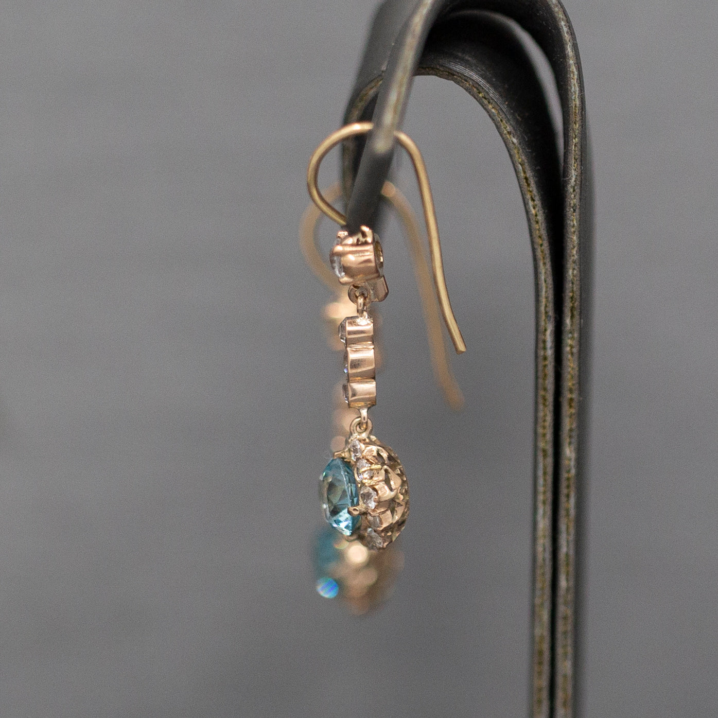 Sparkling Vintage Blue and White Zircon Dangle Earrings in 14k Rose Gold