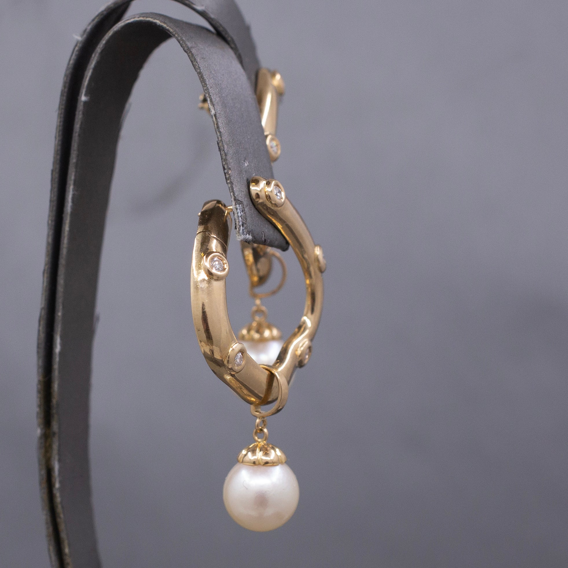 Gorgeous Bold Diamond Hoop Earrings with Pearl Dangles in 14k Yellow Gold