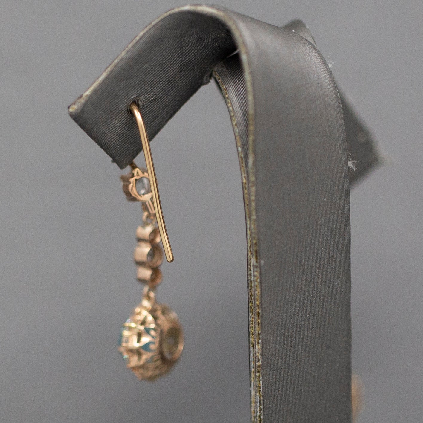 Sparkling Vintage Blue and White Zircon Dangle Earrings in 14k Rose Gold