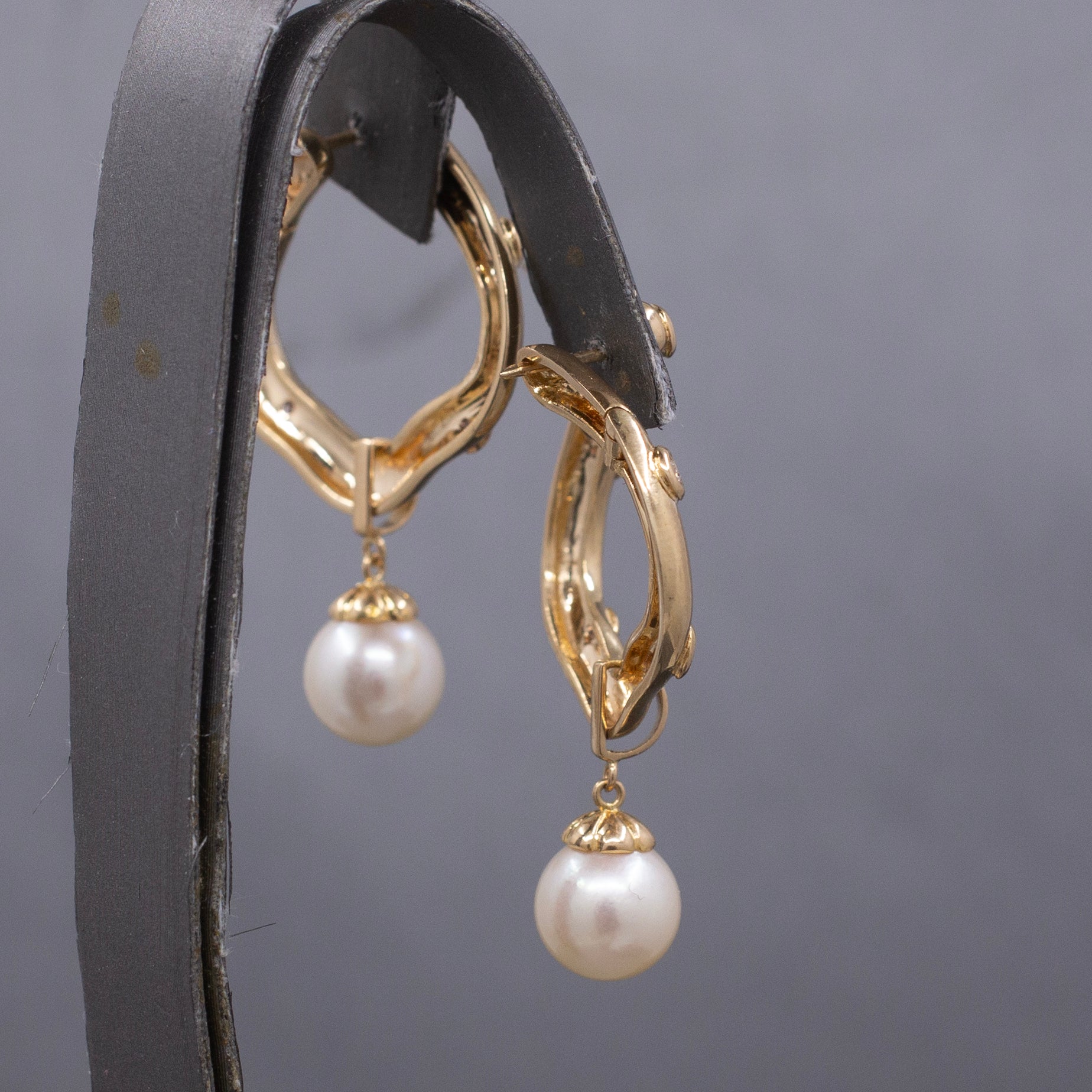 Gorgeous Bold Diamond Hoop Earrings with Pearl Dangles in 14k Yellow Gold