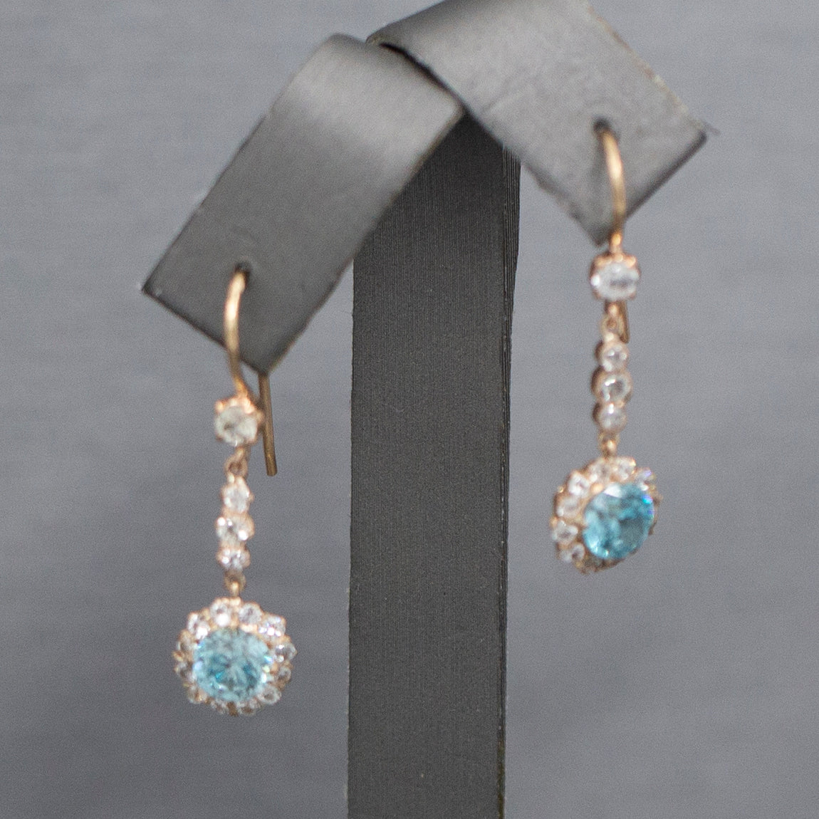 Sparkling Vintage Blue and White Zircon Dangle Earrings in 14k Rose Gold