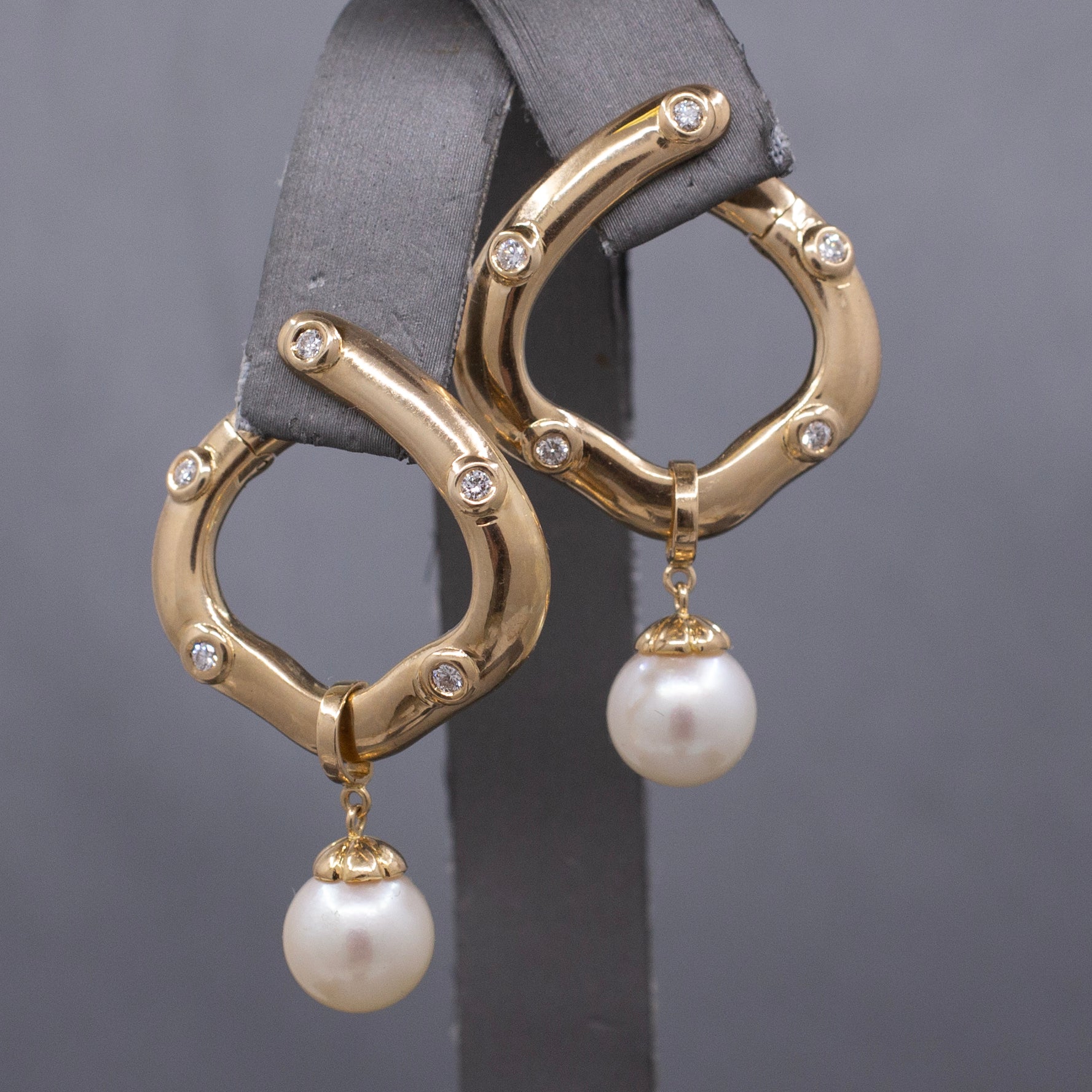 Gorgeous Bold Diamond Hoop Earrings with Pearl Dangles in 14k Yellow Gold
