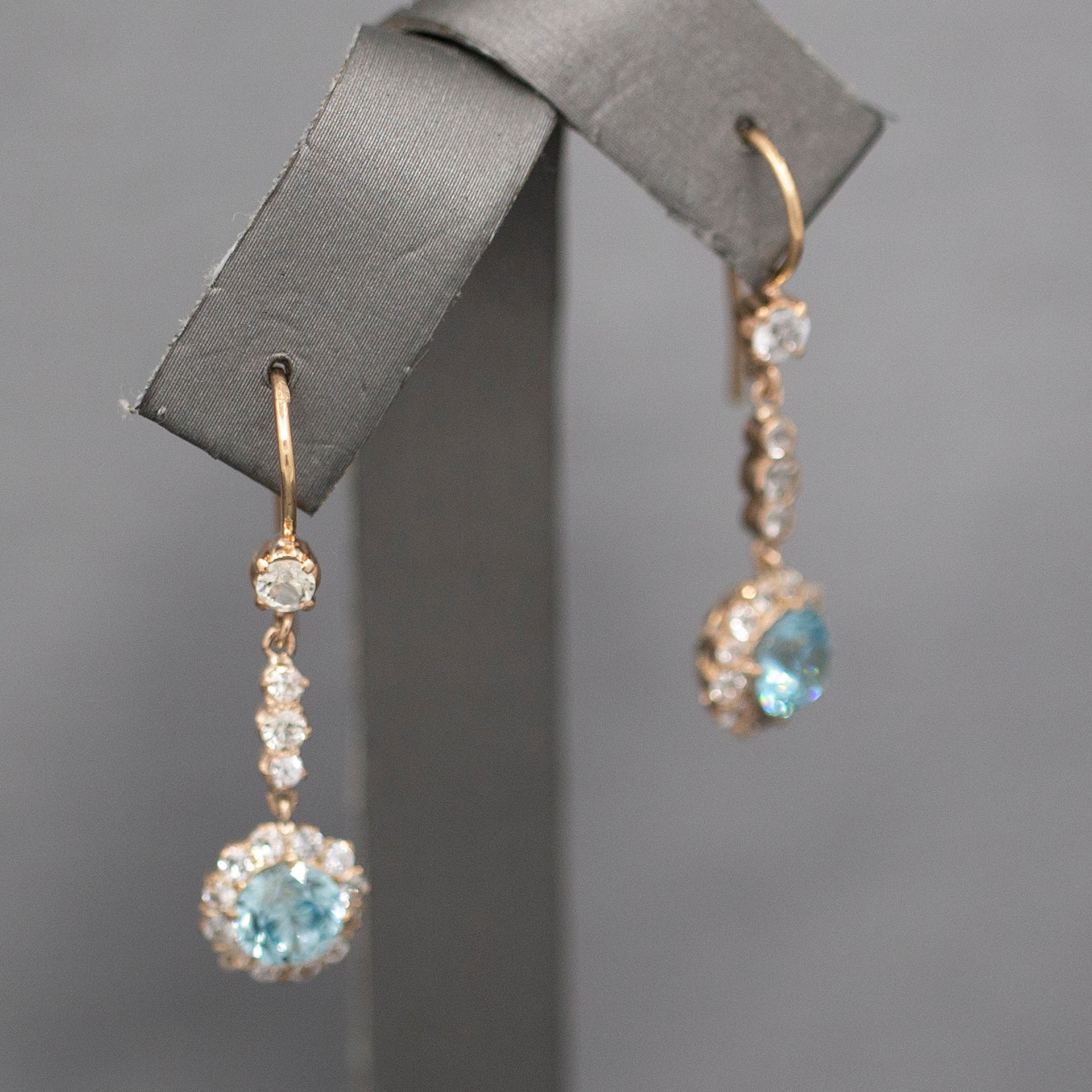 Sparkling Vintage Blue and White Zircon Dangle Earrings in 14k Rose Gold