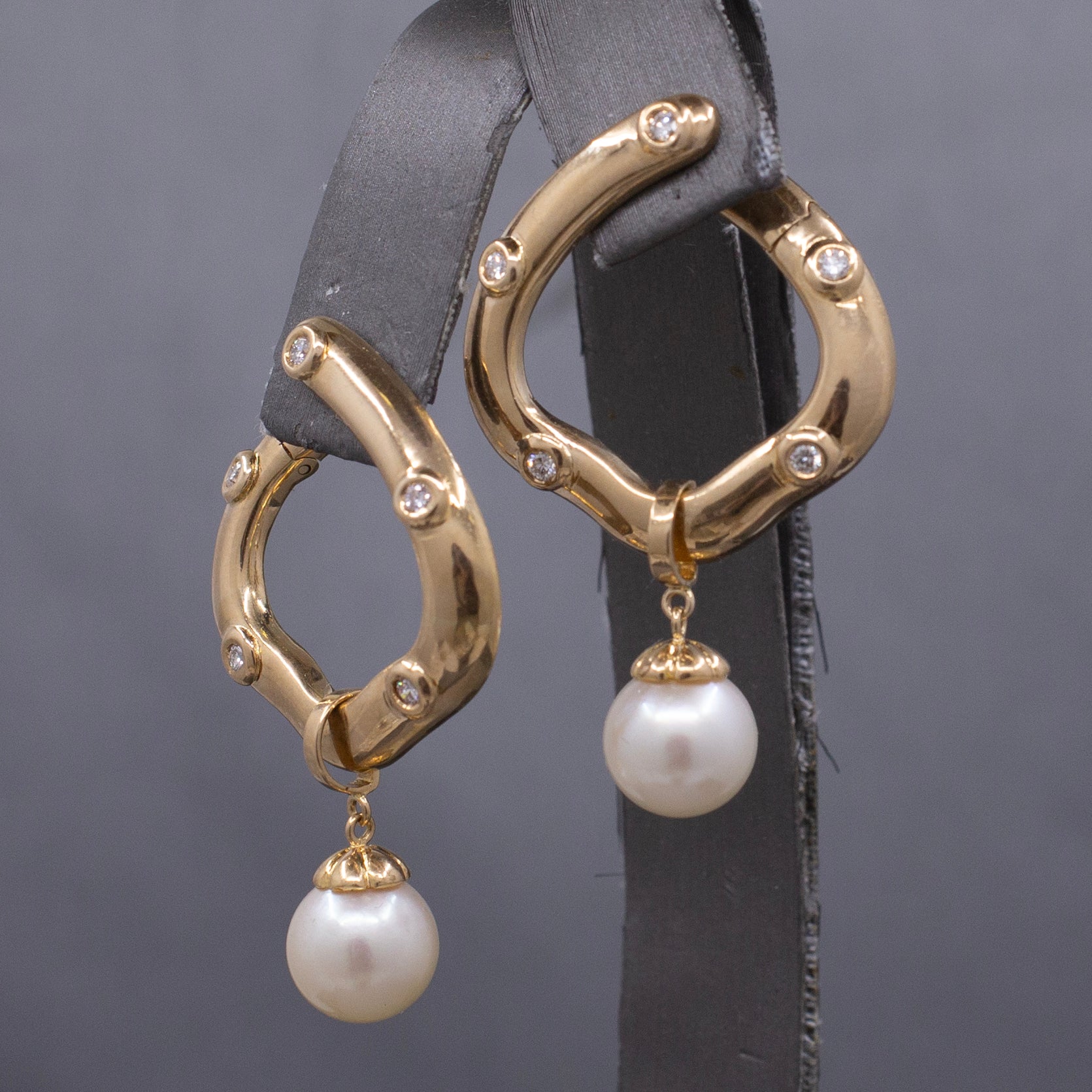 Gorgeous Bold Diamond Hoop Earrings with Pearl Dangles in 14k Yellow Gold