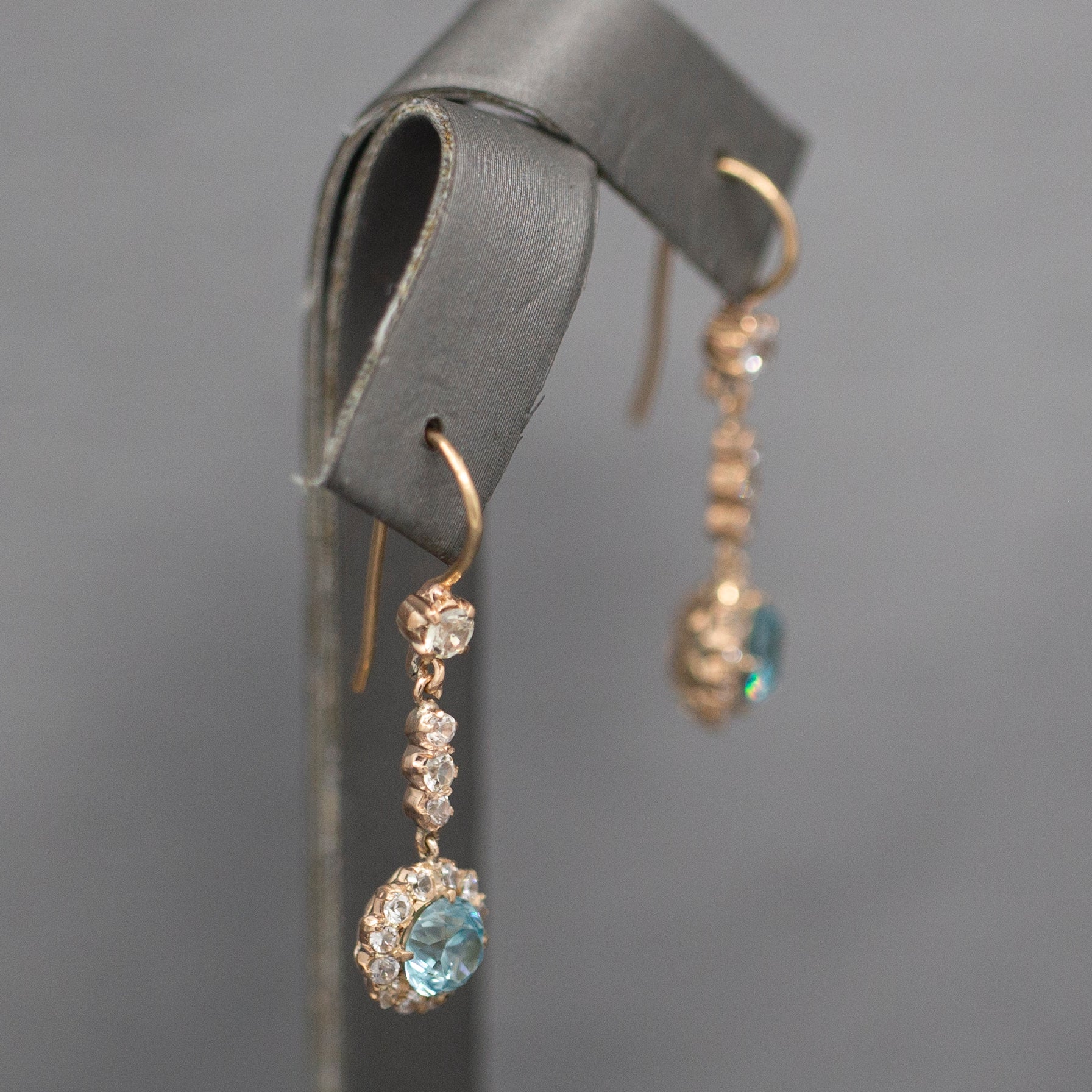 Sparkling Vintage Blue and White Zircon Dangle Earrings in 14k Rose Gold