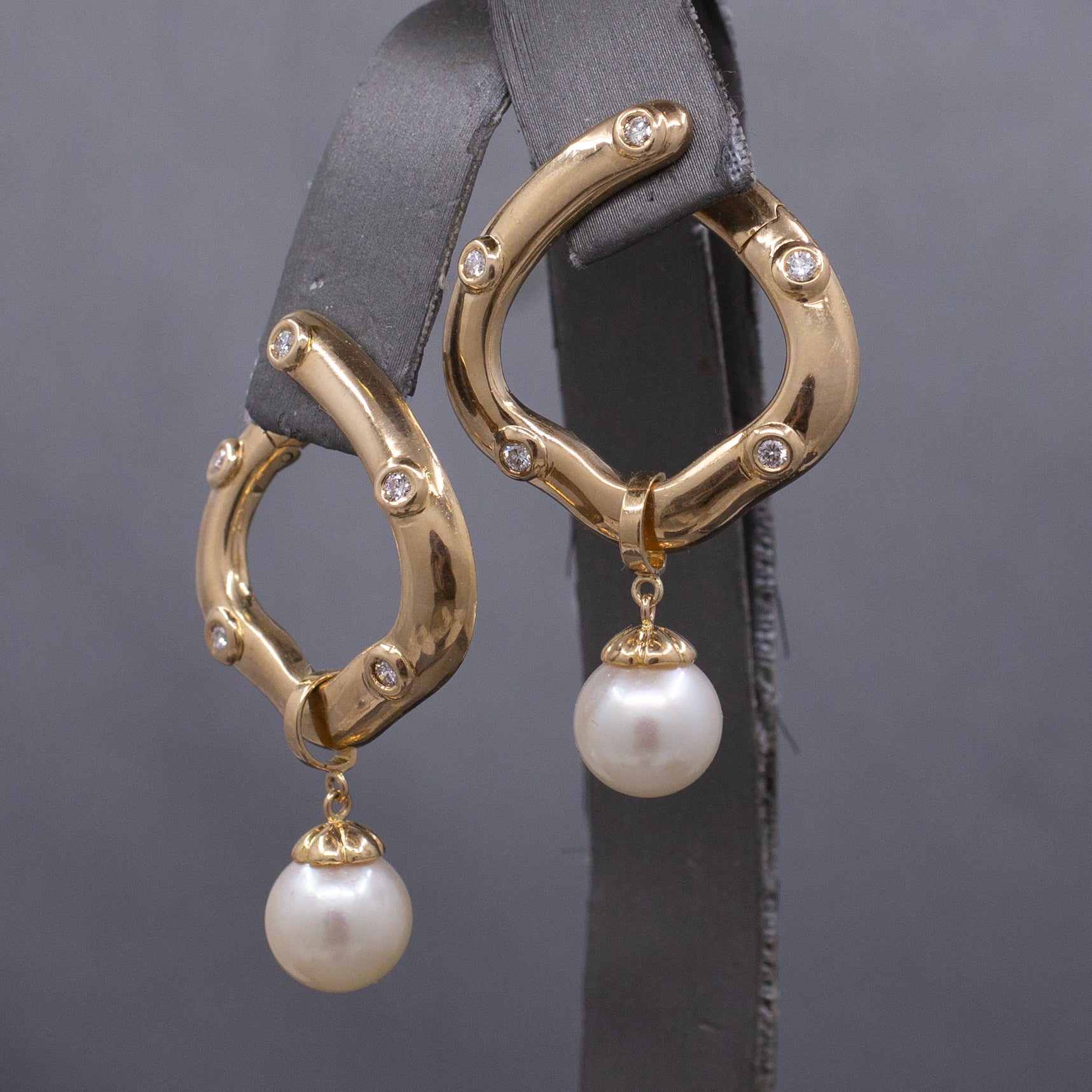 Gorgeous Bold Diamond Hoop Earrings with Pearl Dangles in 14k Yellow Gold